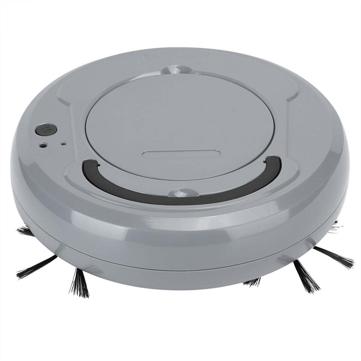 Ein grauer, runder Roboter-Staubsauger mit Bürsten, Ein-/Ausschalter und Ladeanzeige, Draufsicht.