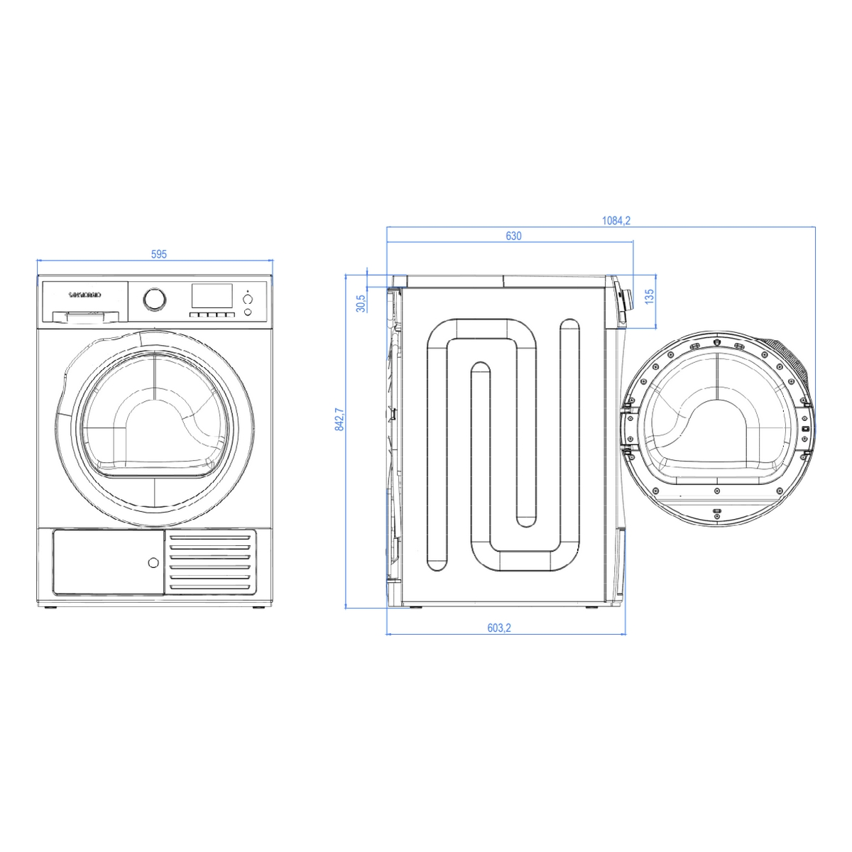 Disegno tecnico di una lavatrice con dimensioni indicate da linee e numeri neri.