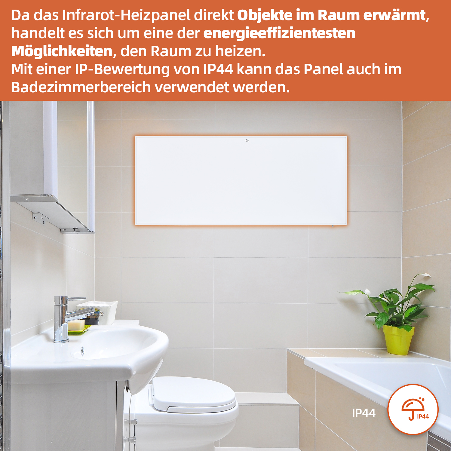 Badezimmer mit weißem Waschbecken, Toilette und weißem Heizpaneel an der Wand. Eine grüne Pflanze in der Ecke.
