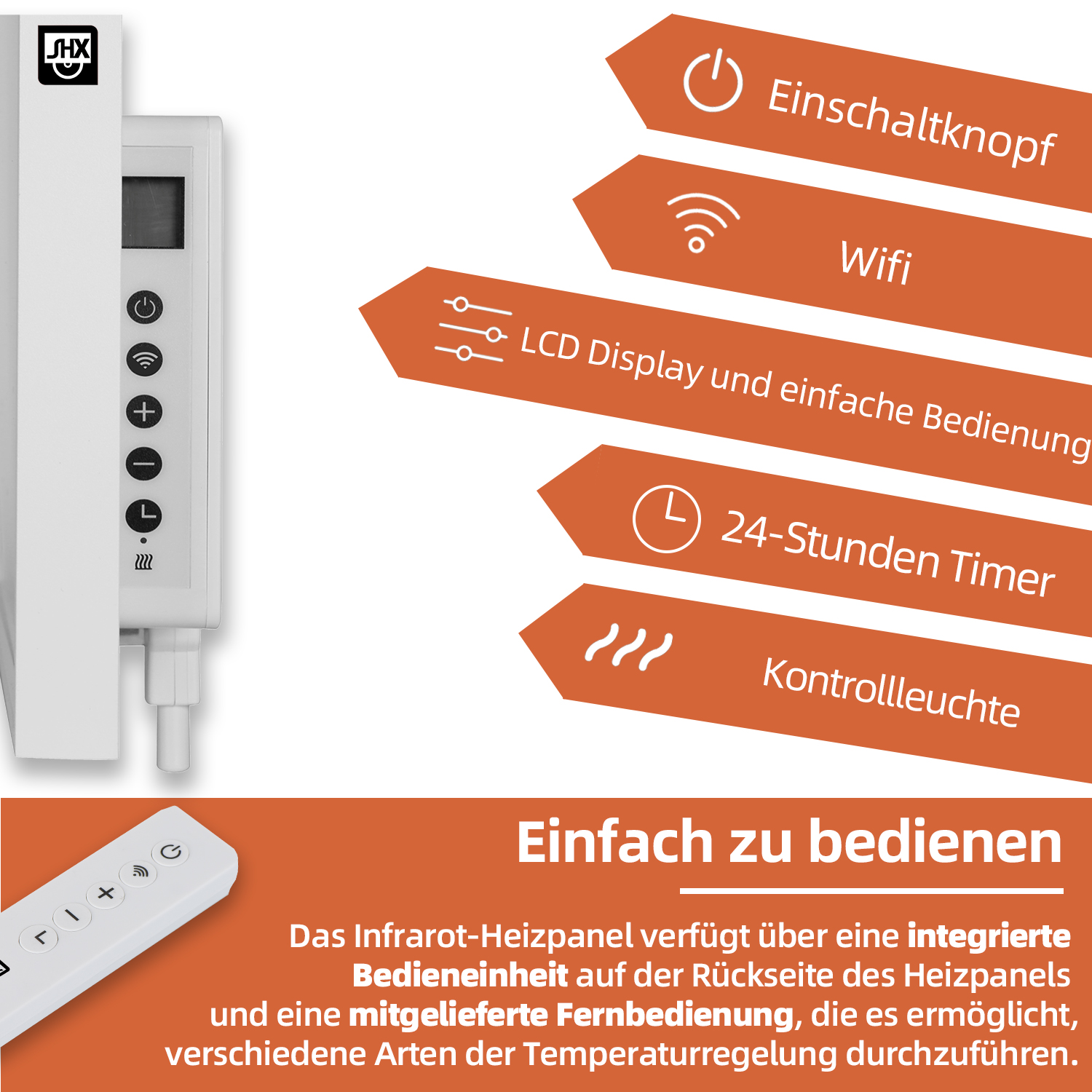 Weißer Heizkörper mit Symbolen für Strom, WiFi, LCD-Display, 24-Stunden-Timer und Kontrollleuchte.
