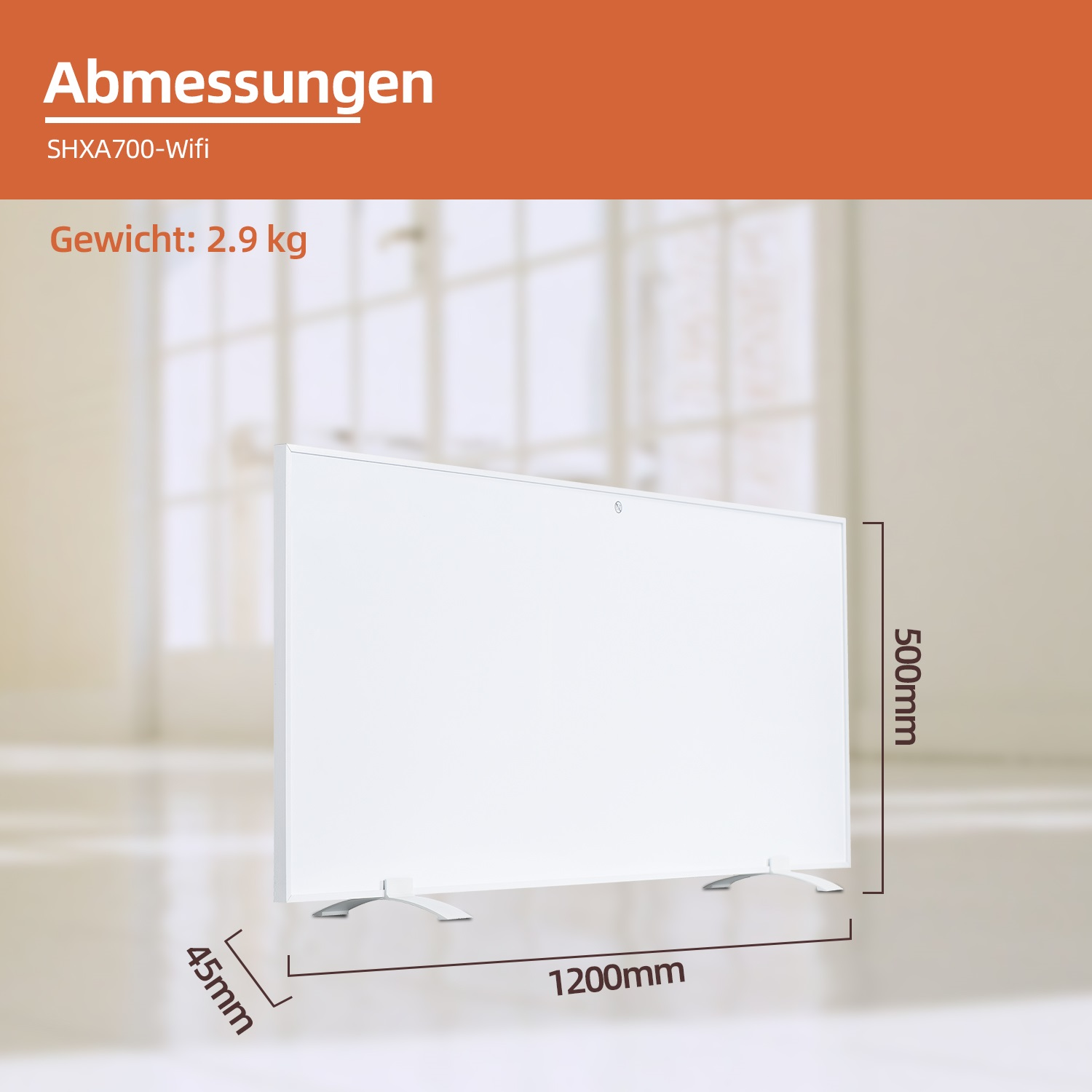 Weißes Heizpaneel mit Abmessungen: 1200mm Breite, 500mm Höhe und 45mm Tiefe.