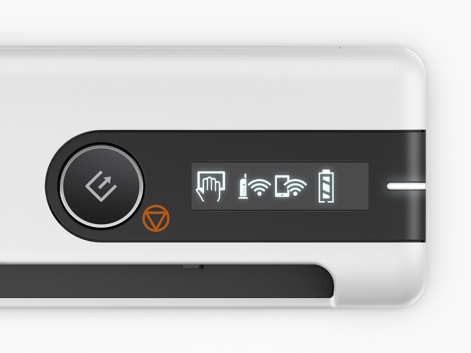 Zbliżenie białego mobilnego routera Wi-Fi pokazujące ekran ze wskaźnikami sygnału i przyciskiem.