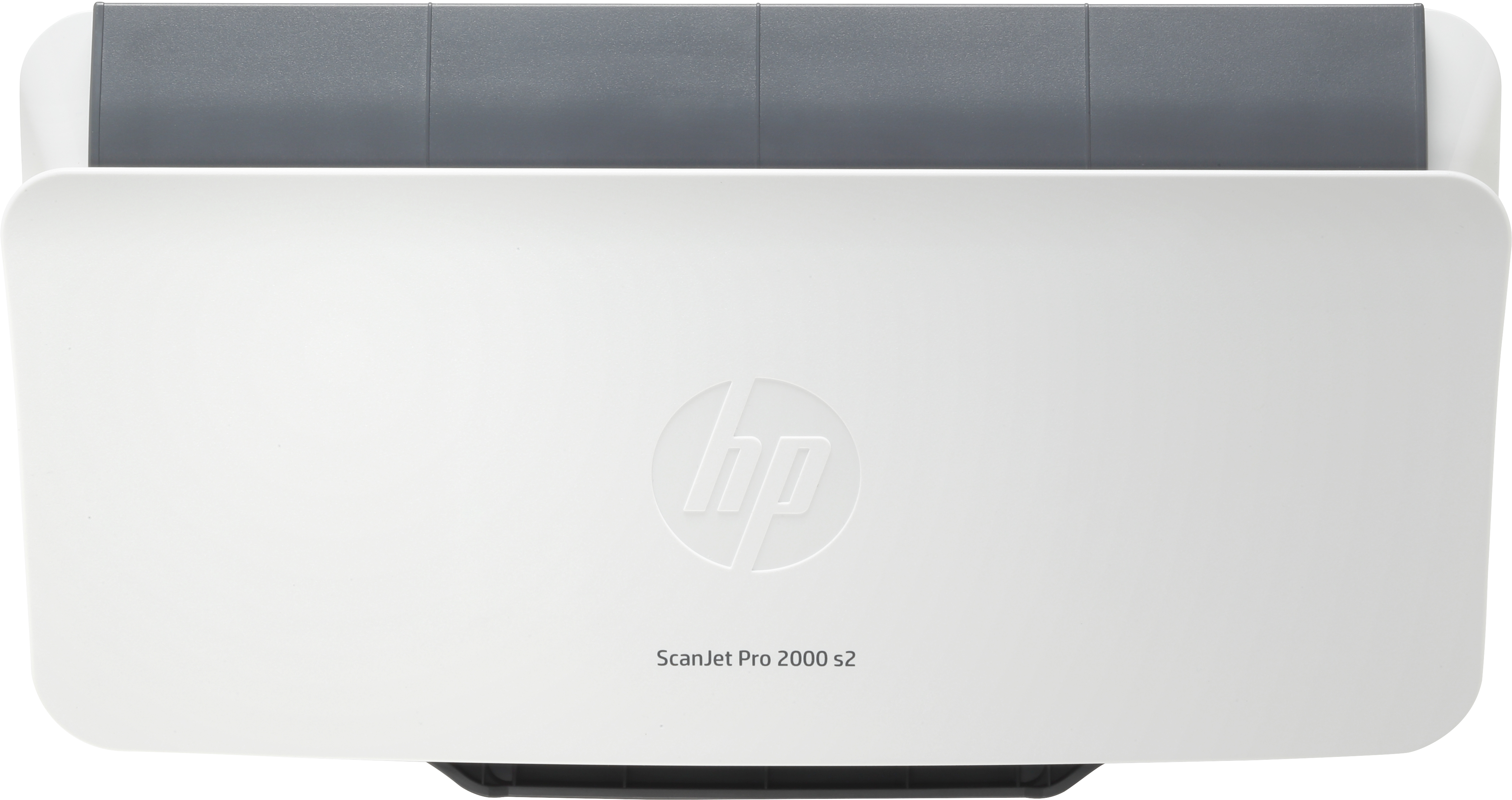 Biały skaner HP ScanJet Pro 2000 s2, widok z góry. Pokazuje logo HP i nazwę modelu.