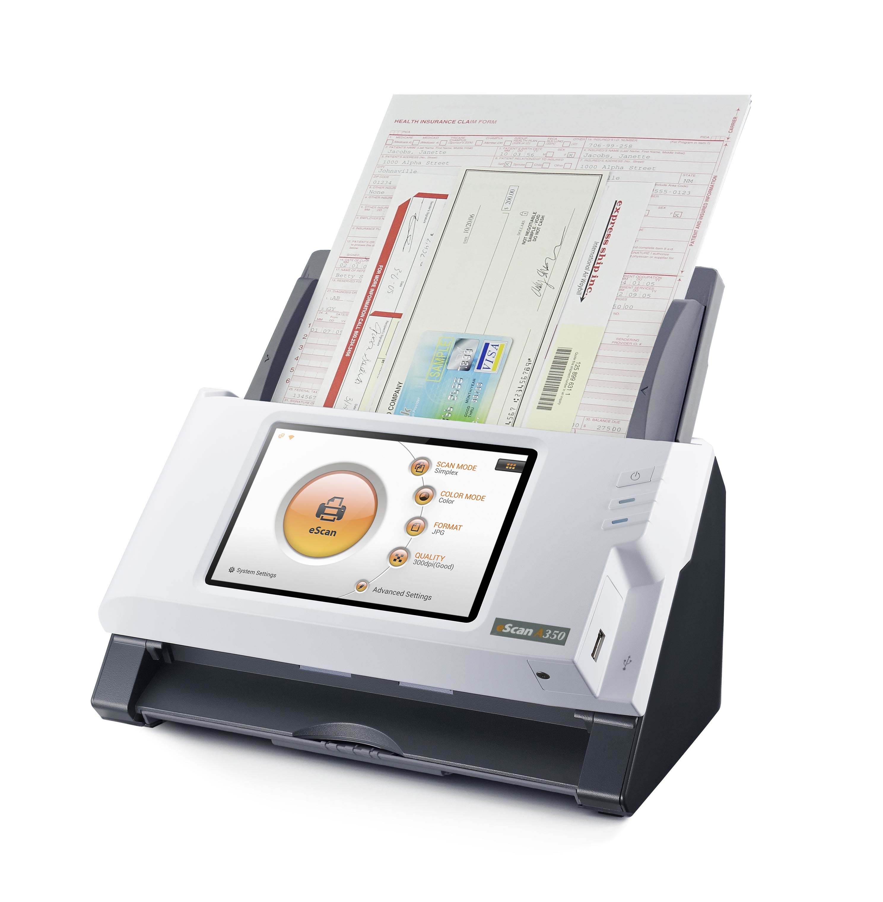 Biały skaner ze skanowanym czekiem. Na skanerze ekran pokazuje opcje. Białe tło.