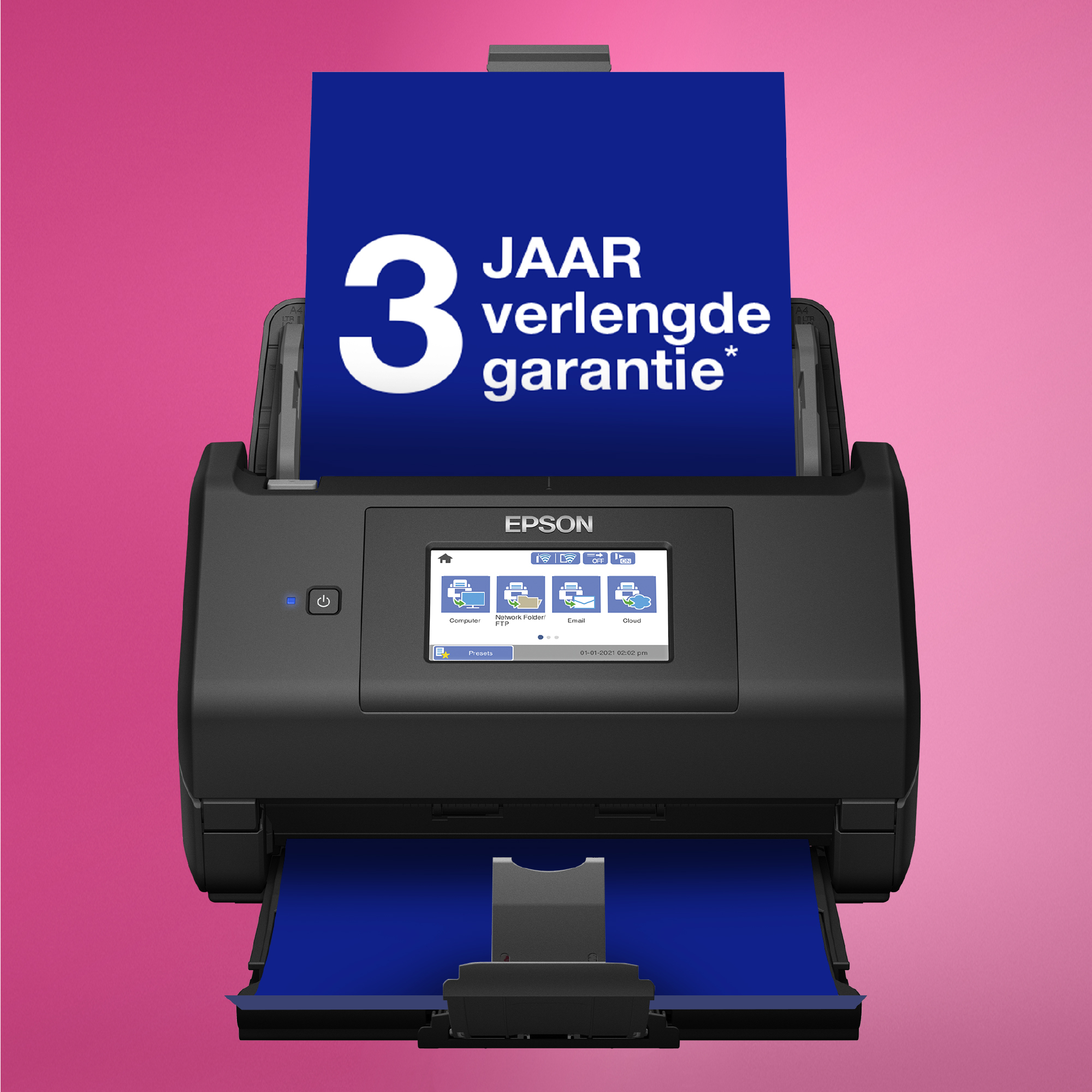 Drukarka Epson z niebieskim plikiem papieru i dodatkową gwarancją.