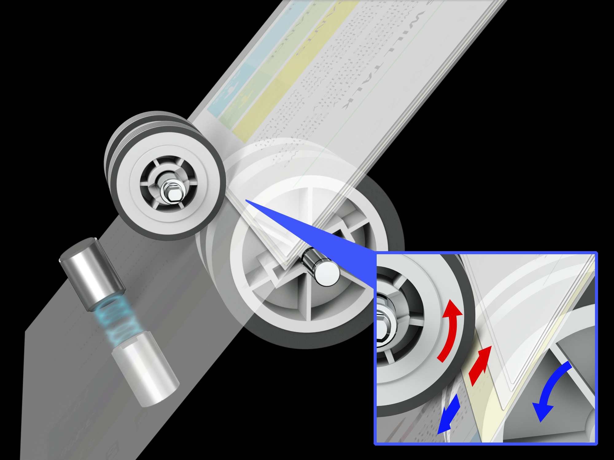 Maszyna drukująca papier, z wałkami i podświetlonym zagięciem papieru. Czarne tło.