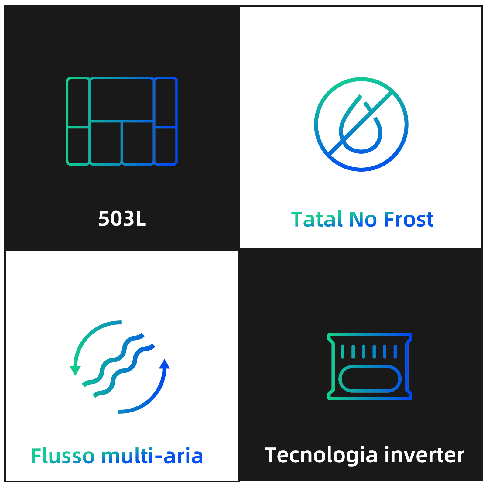 Icone che mostrano le caratteristiche del frigorifero: 503L, Total No Frost, Flusso multi-aria e Tecnologia inverter.