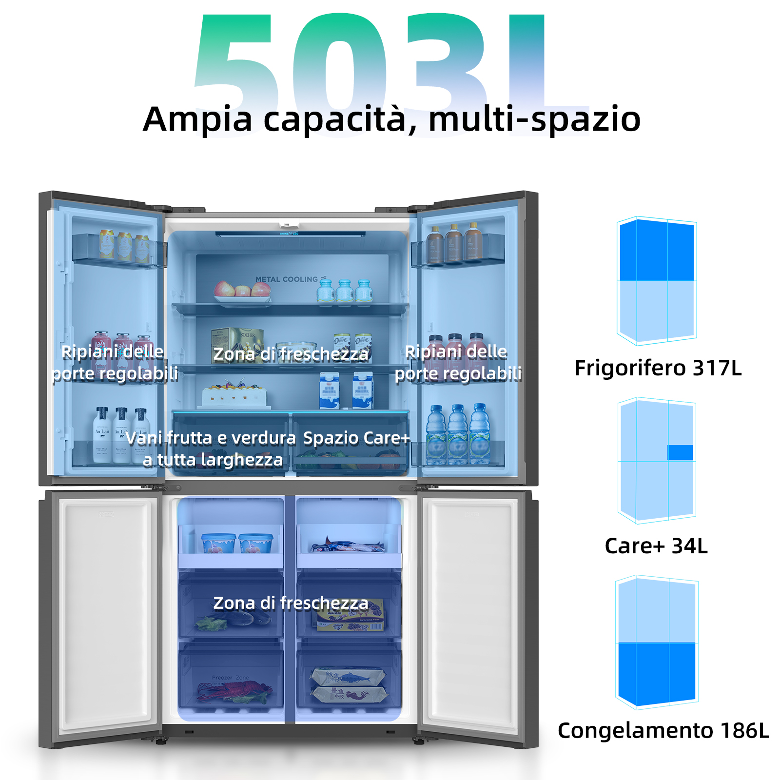 Un frigorifero con porte aperte. Mostra l'interno con ripiani e scomparti.
