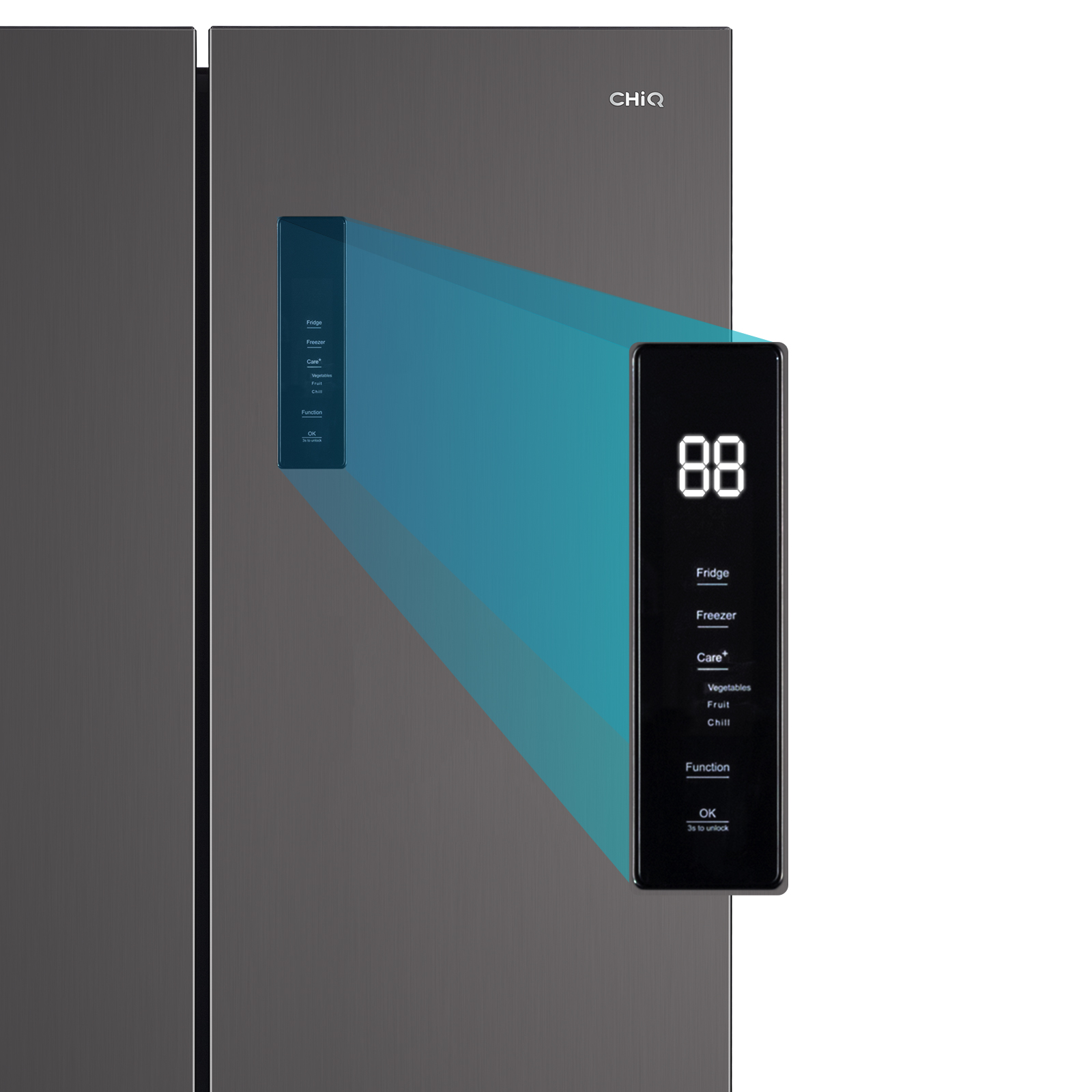 Frigorifero CHIQ grigio scuro con display digitale sulla porta, mostra 88.