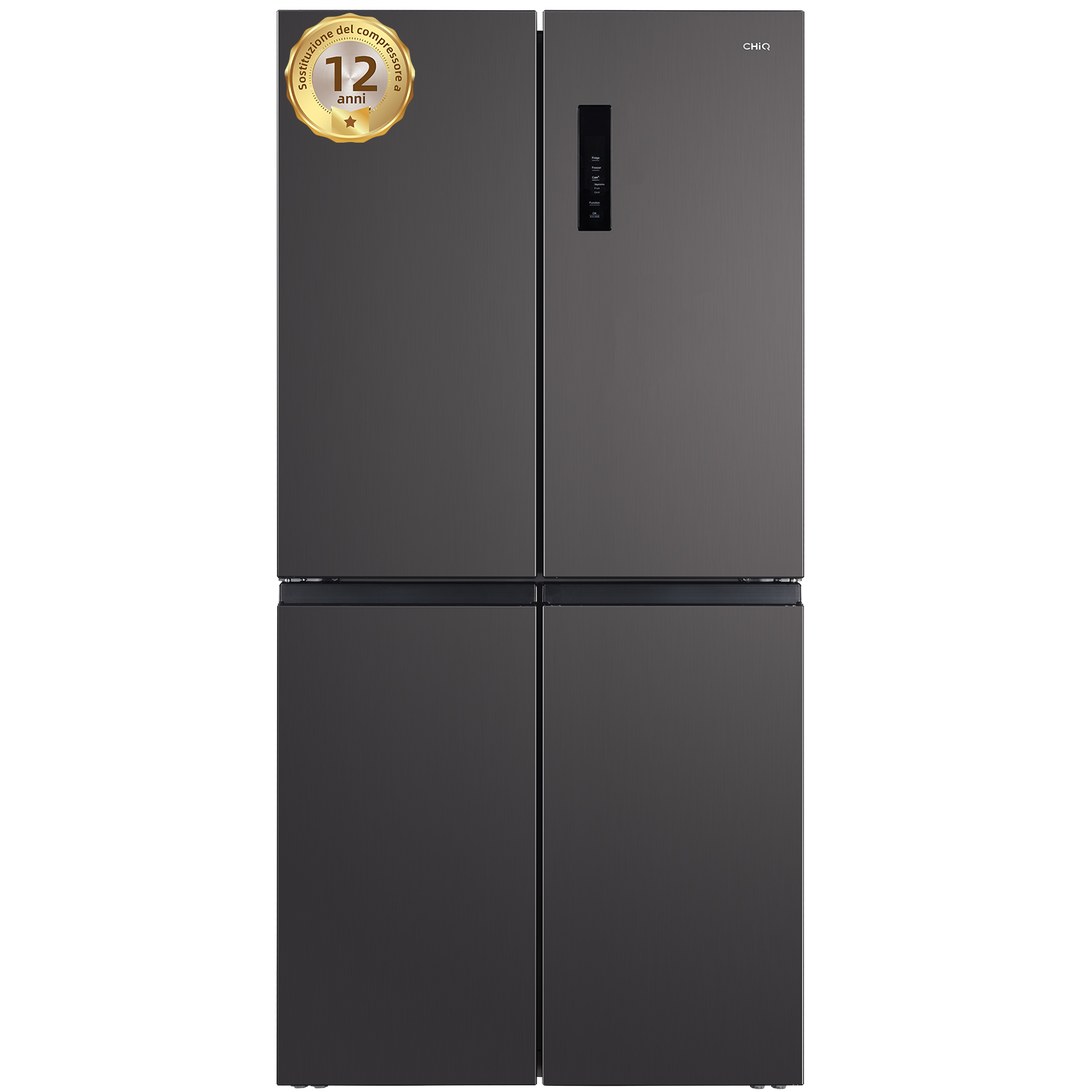 Frigorifero CHIQ nero con quattro porte, display digitale e garanzia di 12 anni sul compressore.