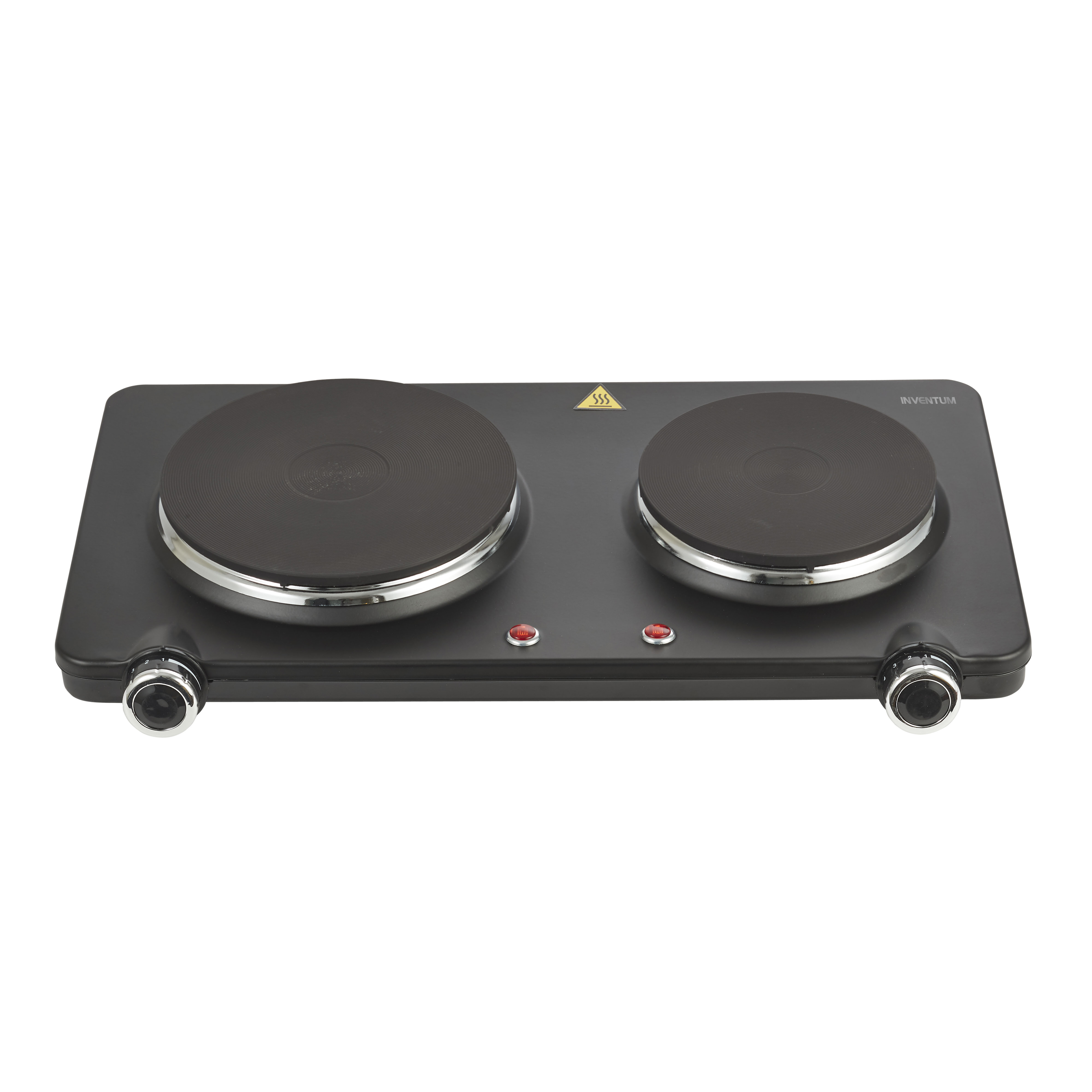 Plaque de cuisson double noire avec deux plaques rondes, garnitures chromées, lumières rouges et boutons.