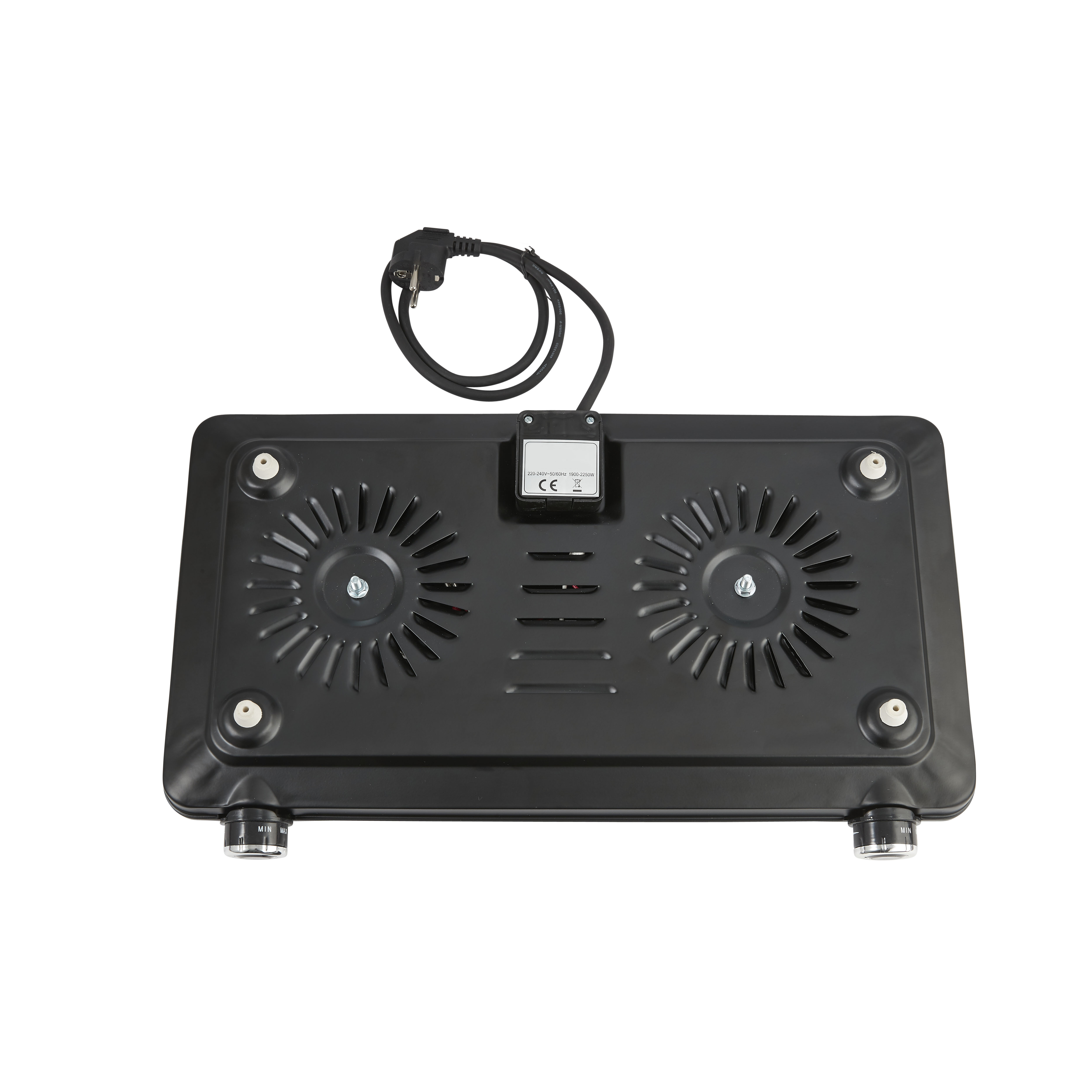 Un refroidisseur d'ordinateur portable noir avec deux ventilateurs et un câble d'alimentation.
