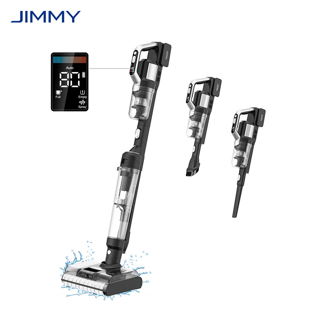 Ein Staubsauger mit drei Teilen, mit digitalem Display und JIMMY oben drauf.