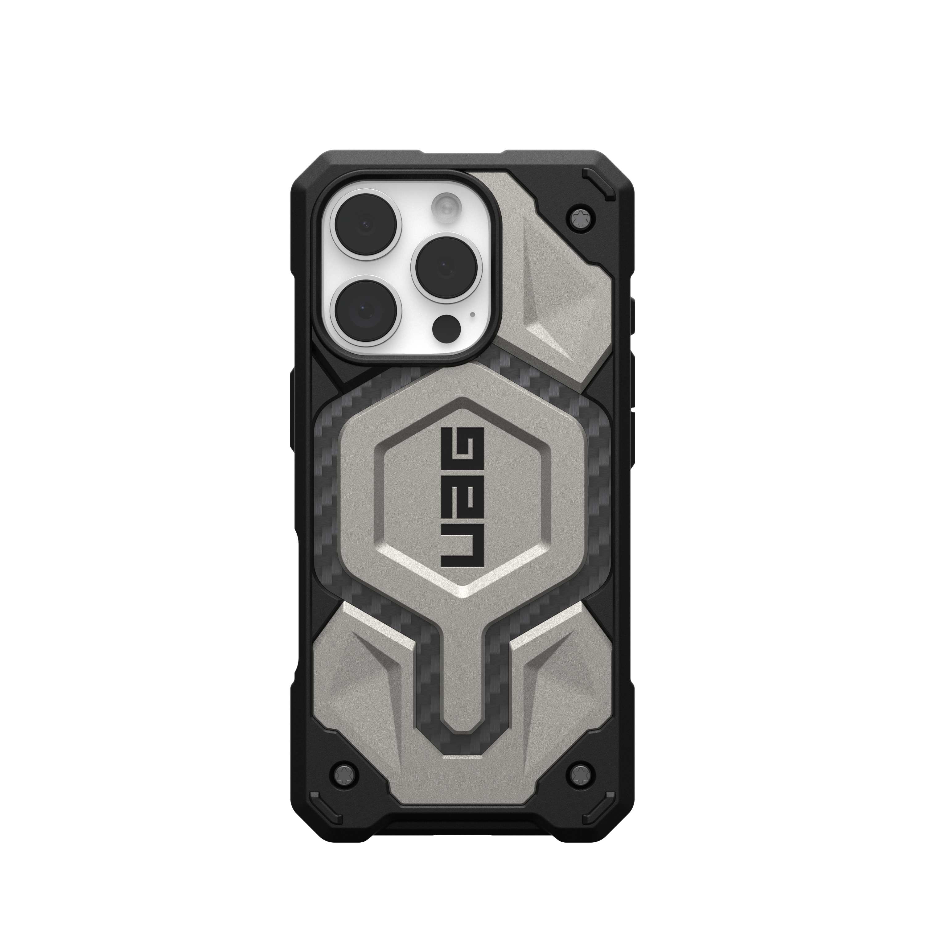 Schwarz-graues Handycase mit strukturierter Rückseite, UAG-Logo und Kameraausschnitt.
