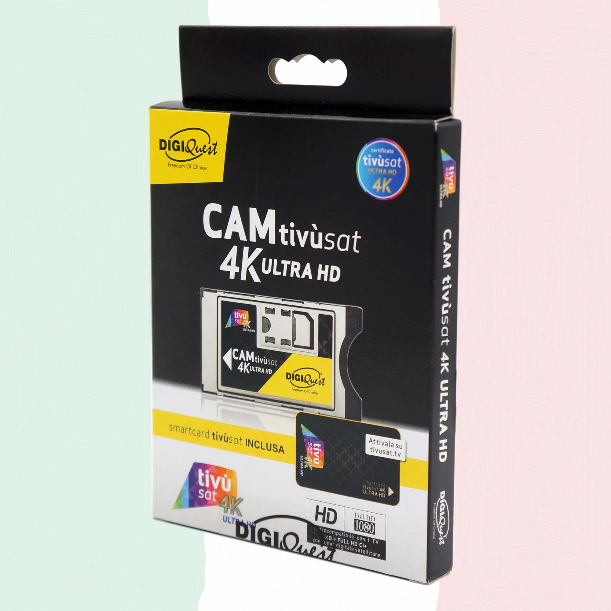 Schwarze und gelbe Schachtel mit Karte, Text: 'CAM tivùsat 4K ULTRA HD'.