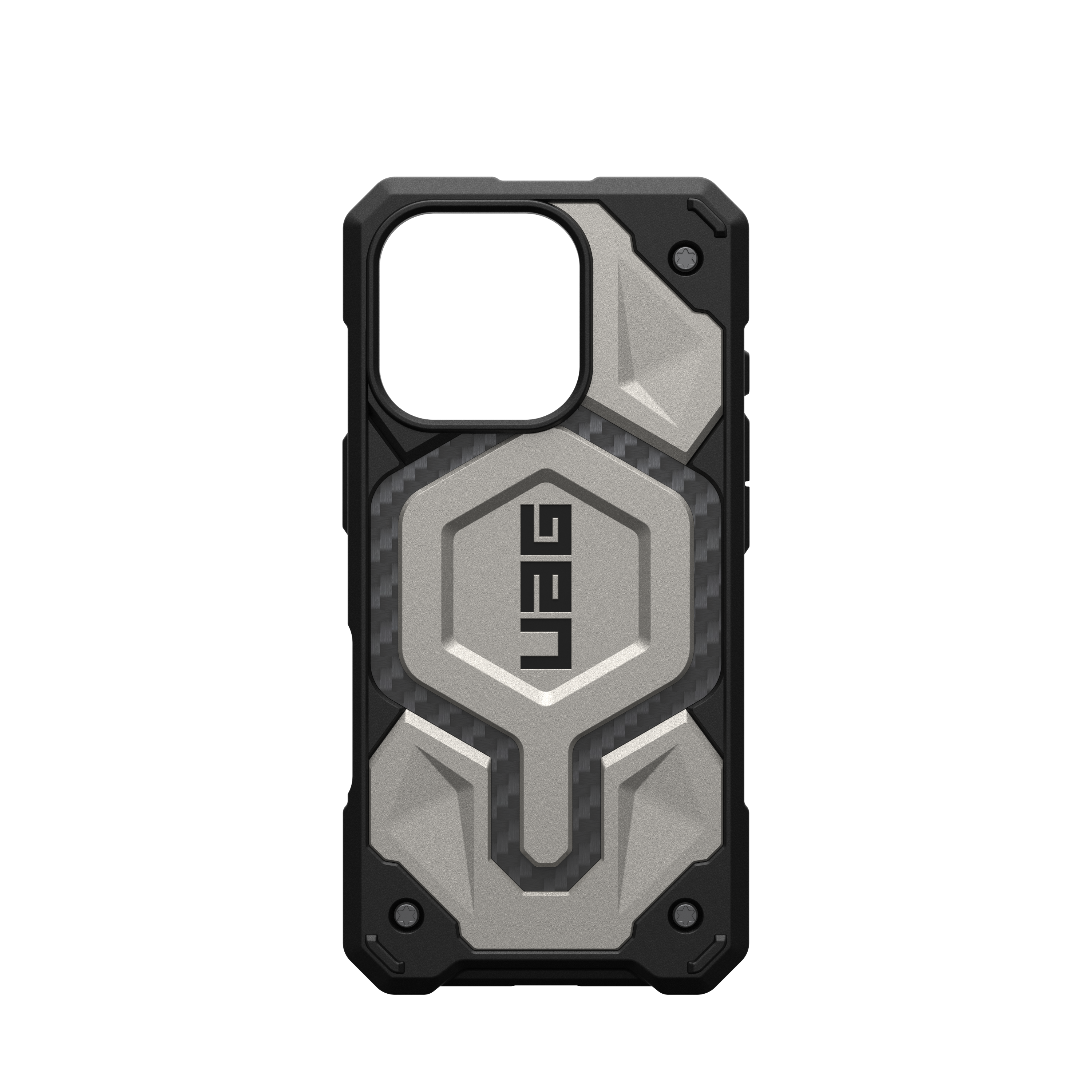 Eine Handyhülle mit silbernem und schwarzem Design. Das UAG-Logo ist prominent.