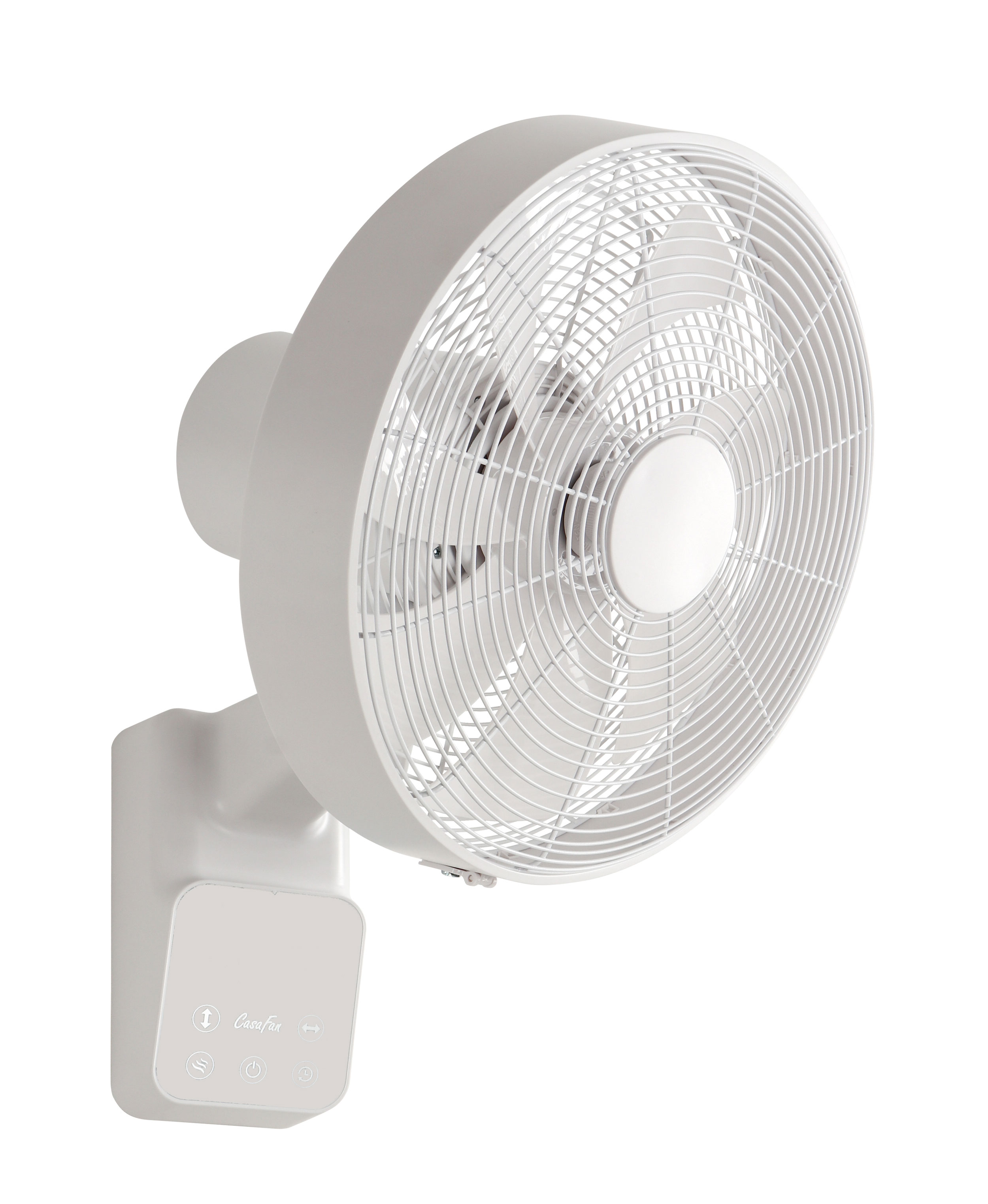 Weißer Wandventilator mit rundem Käfig und Bedienfeld auf Weiß.