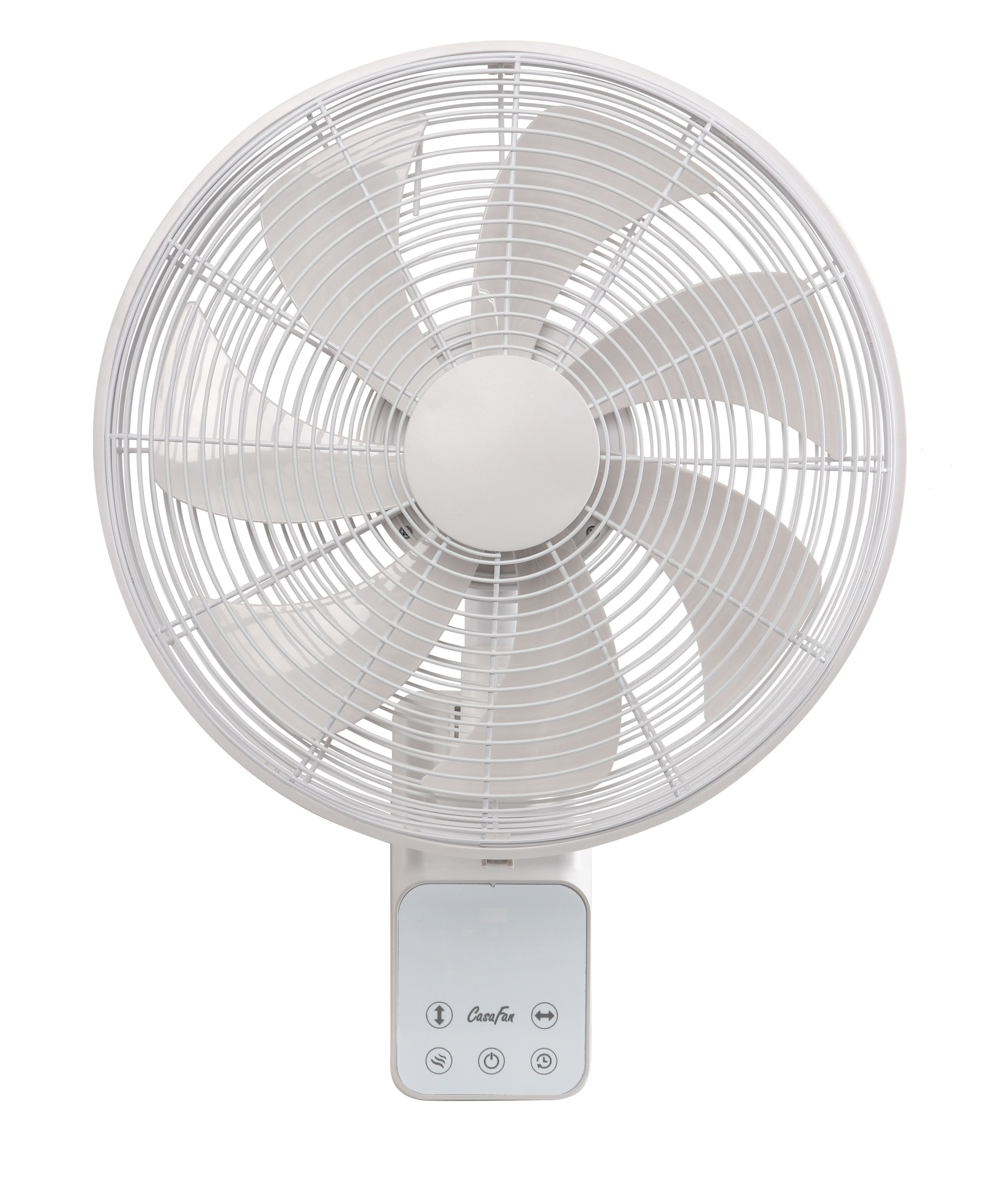 Weißer Deckenventilator mit 3 Flügeln. Weißer Hintergrund. Mit Knöpfen.