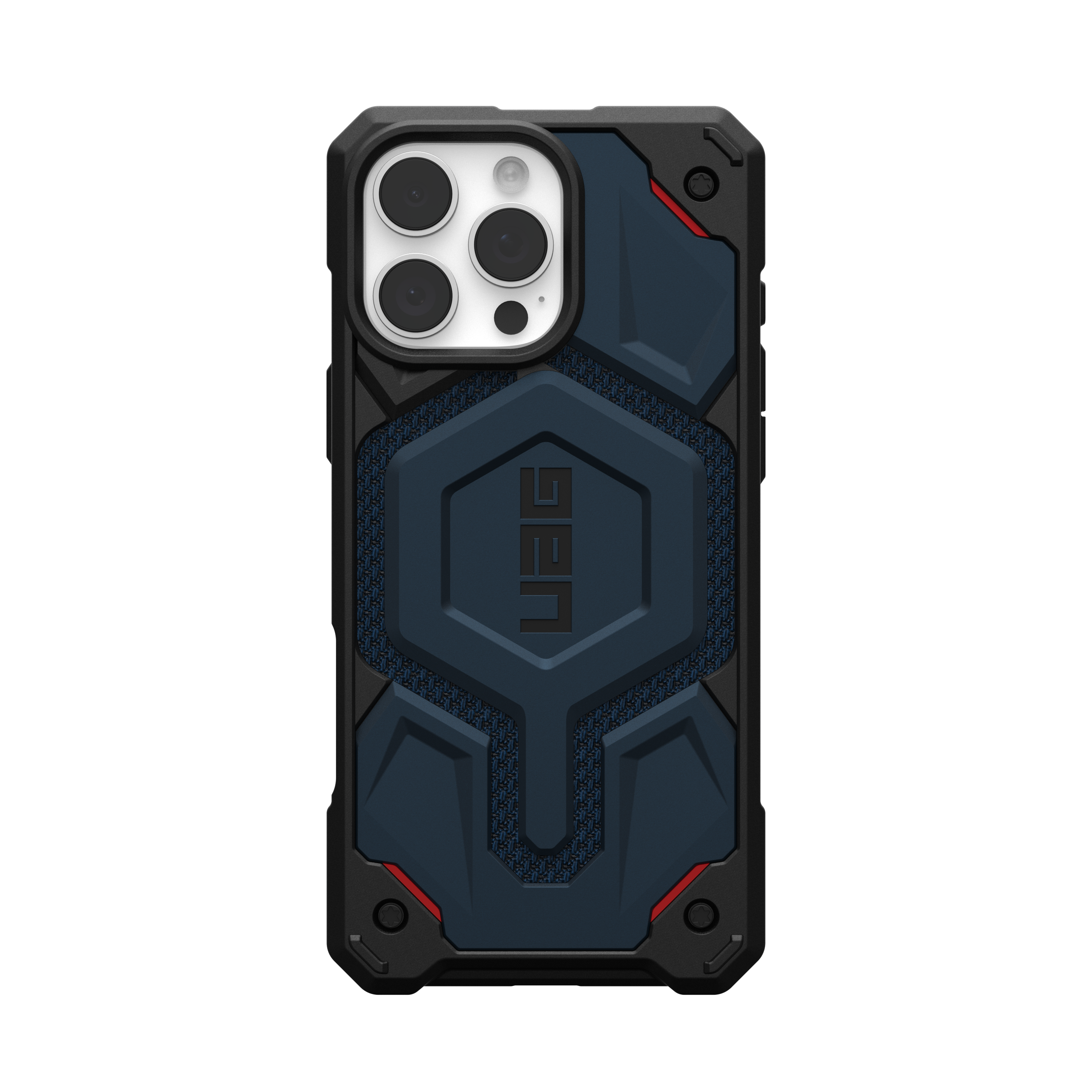 Blaue und schwarze Handyhülle mit UAG-Logo, mit Kamera- und Knopfausschnitten.