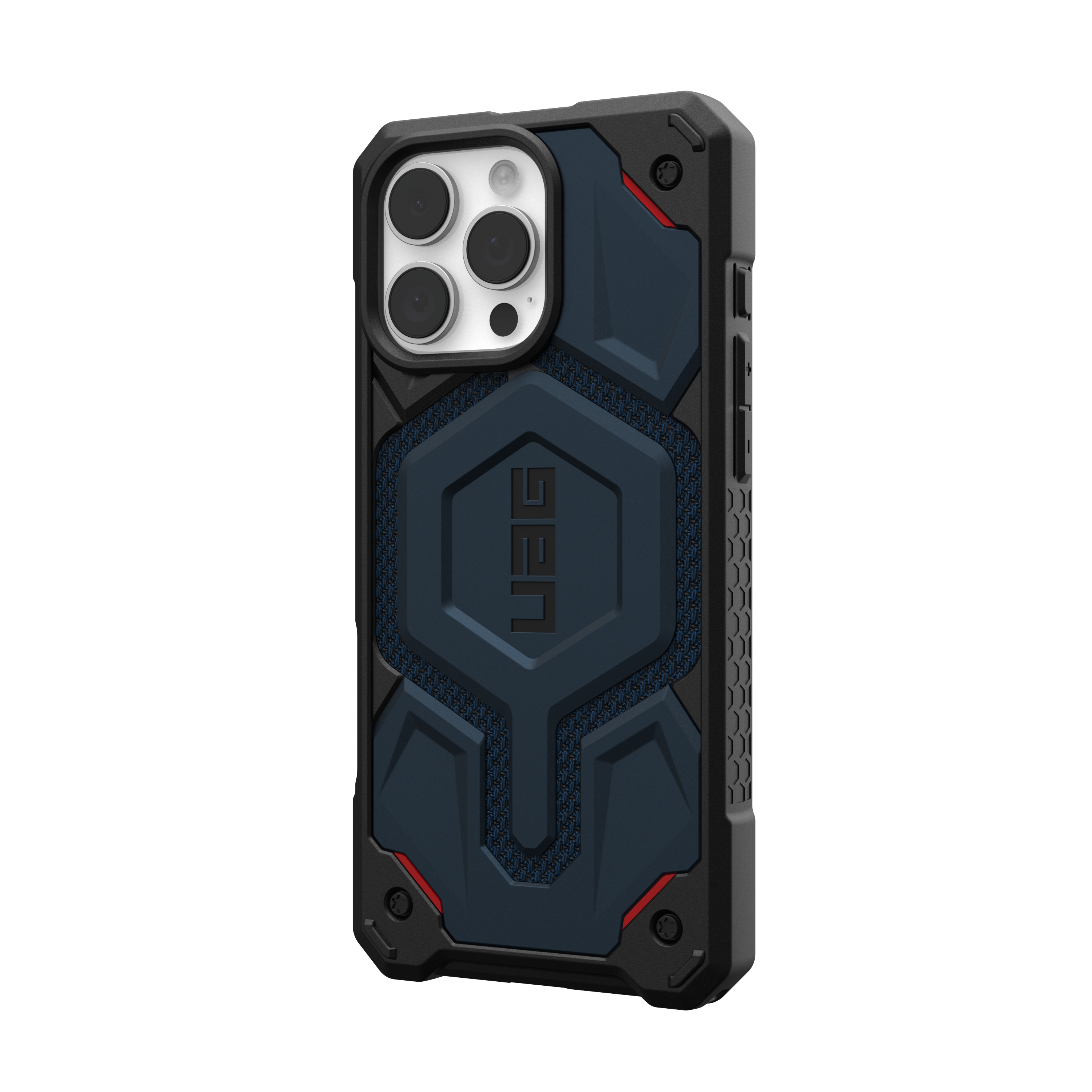 Schwarze und blaue Handyhülle mit UAG-Logo. Schwarzer Hintergrund. Die Hülle ist stark gestaltet.
