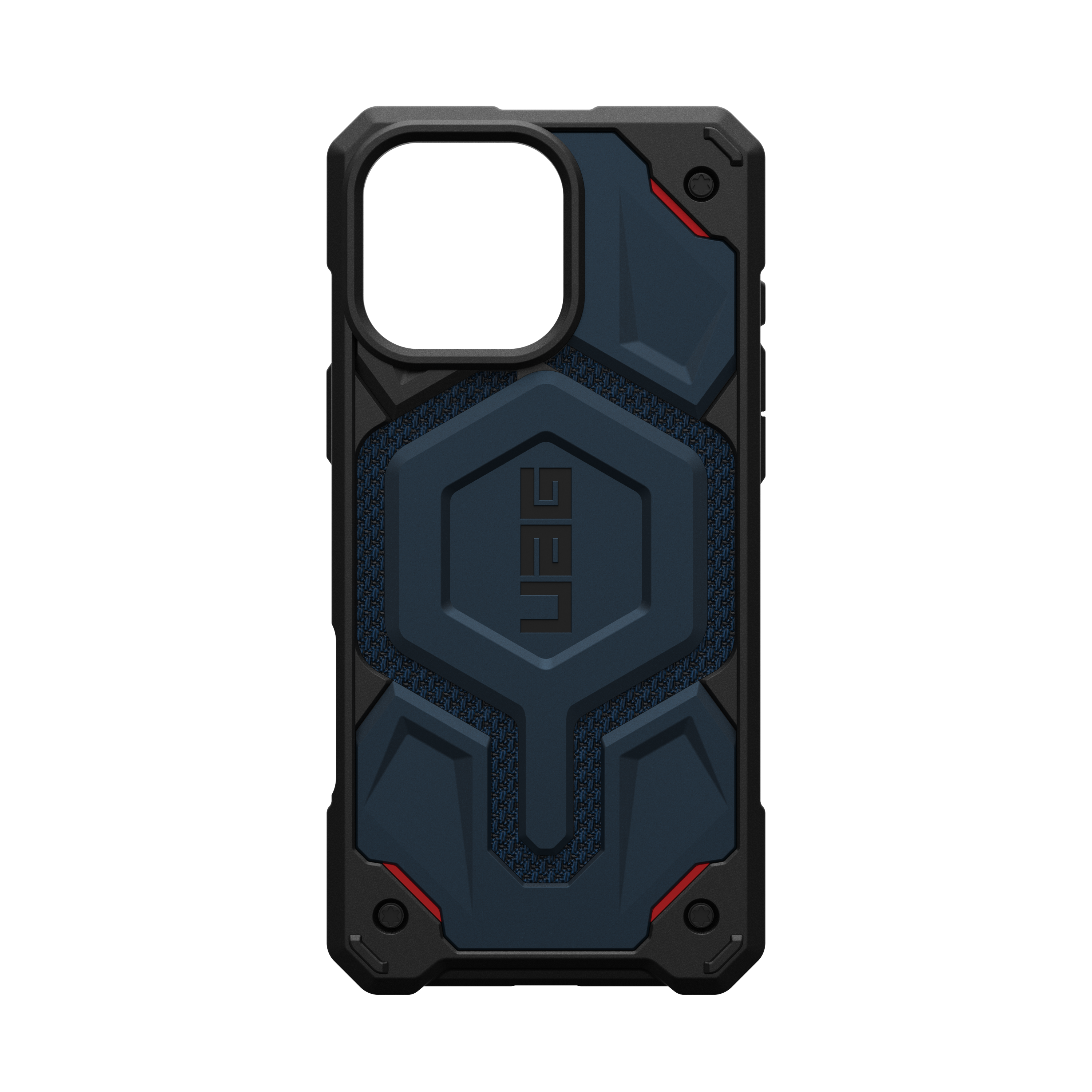 Eine schwarz-blaue Handyhülle mit UAG-Logo, Nahaufnahme auf schwarzem Hintergrund.