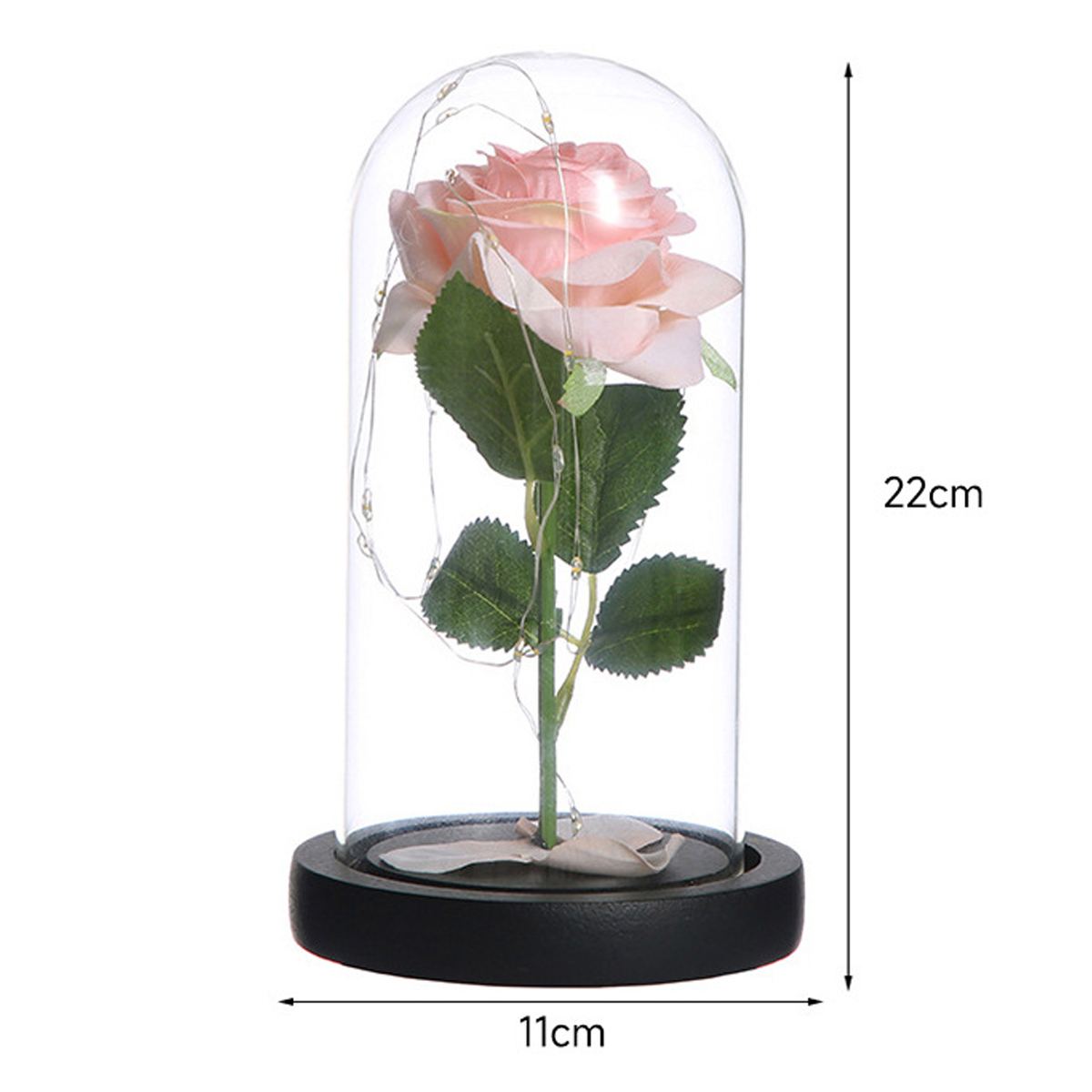 Eine rosa Rose in einer Glaskuppel mit Lichtern auf schwarzem Sockel. Abmessungen werden gezeigt.