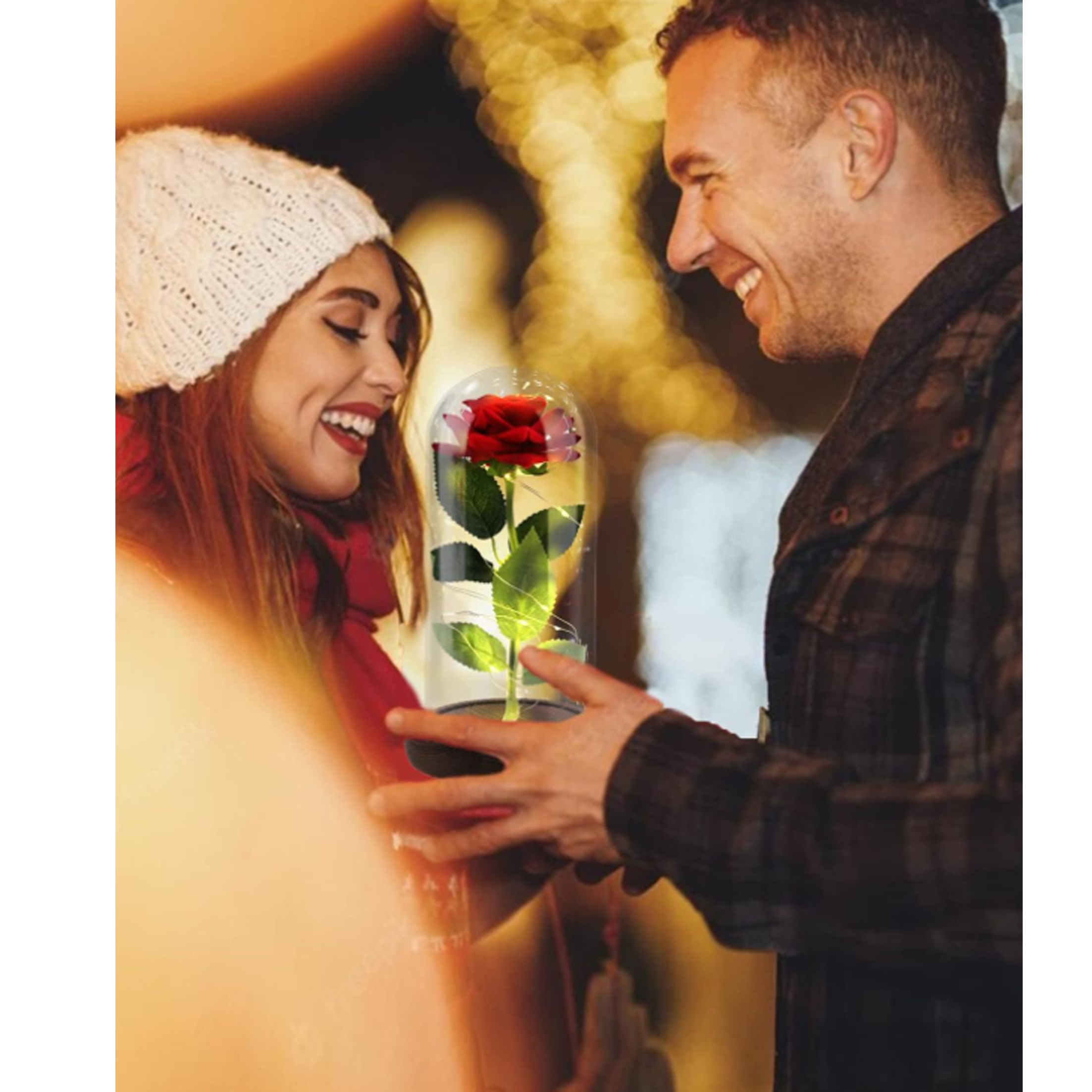 Ein Paar hält eine Glaskuppel mit einer roten Rose darin. Der Hintergrund zeigt Lichter.