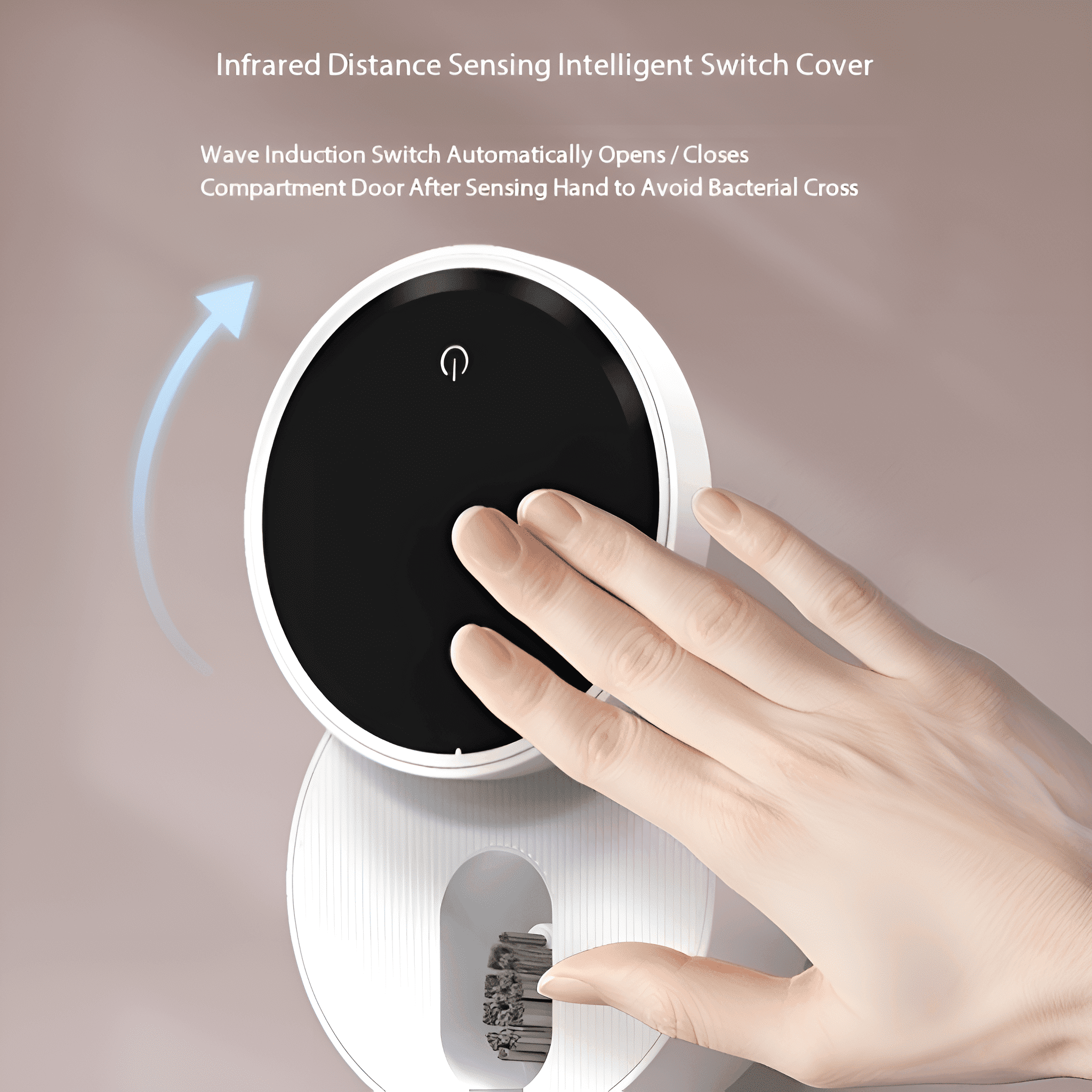 Eine Hand aktiviert ein weißes, kreisförmiges, berührungsempfindliches Gerät mit offenem Fach.