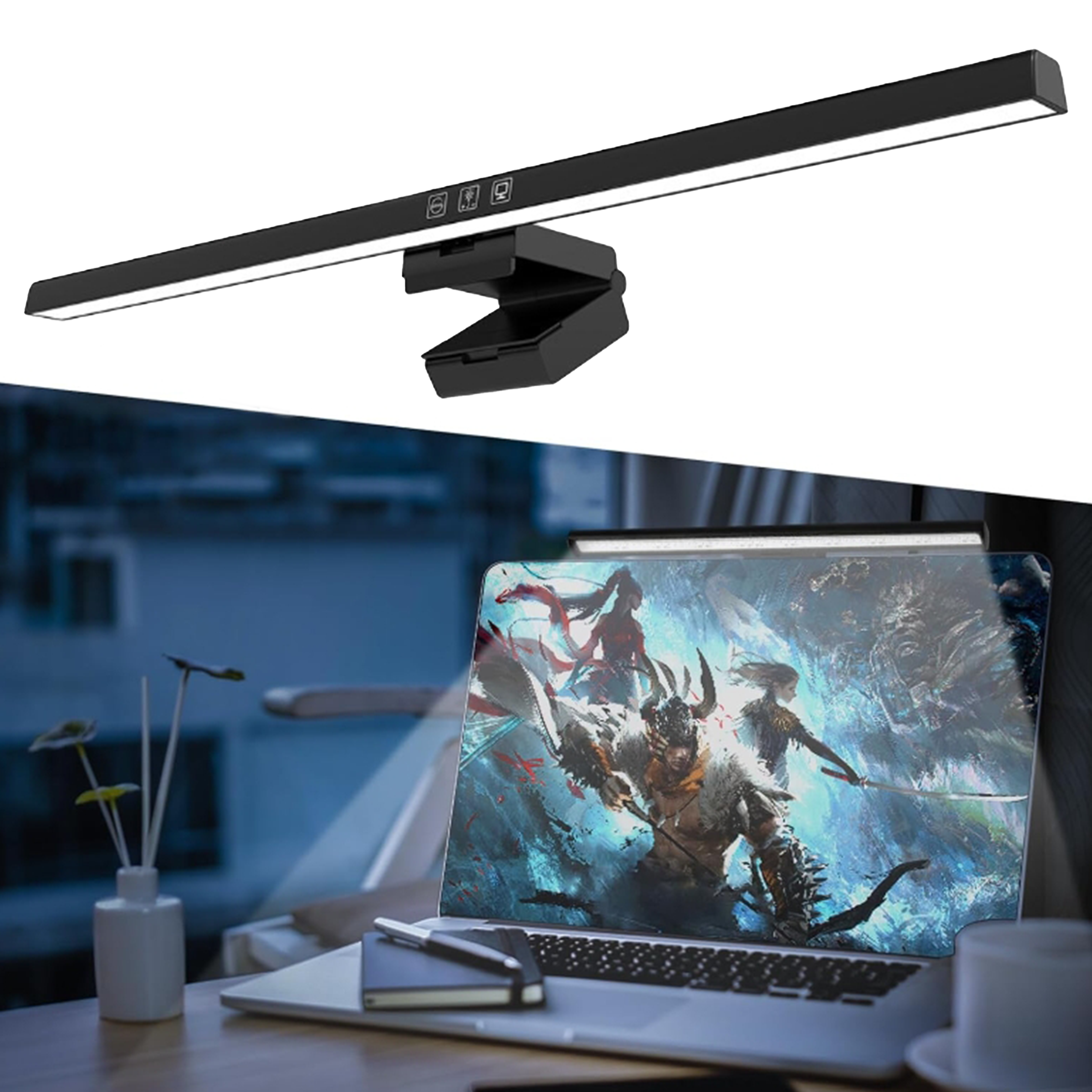 Schwarzes Laptop-Bildschirmlicht, an einem Laptop montiert, beleuchtet den Schreibtischbereich und die Tastatur.