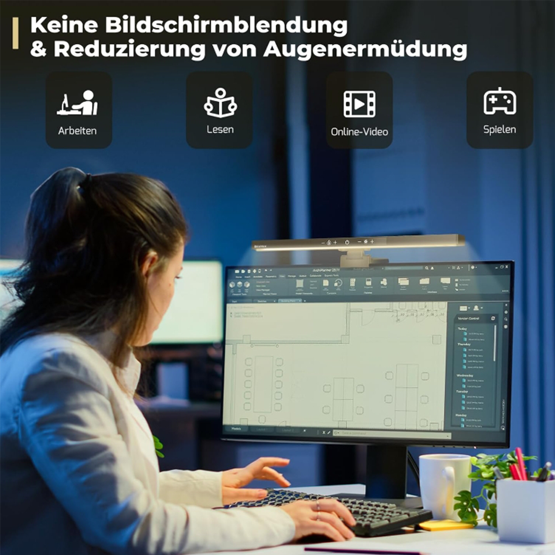 Eine Frau arbeitet an einem Computer mit einer Schreibtischlampe, mit Icons für Arbeit, Lesen und Spielen.