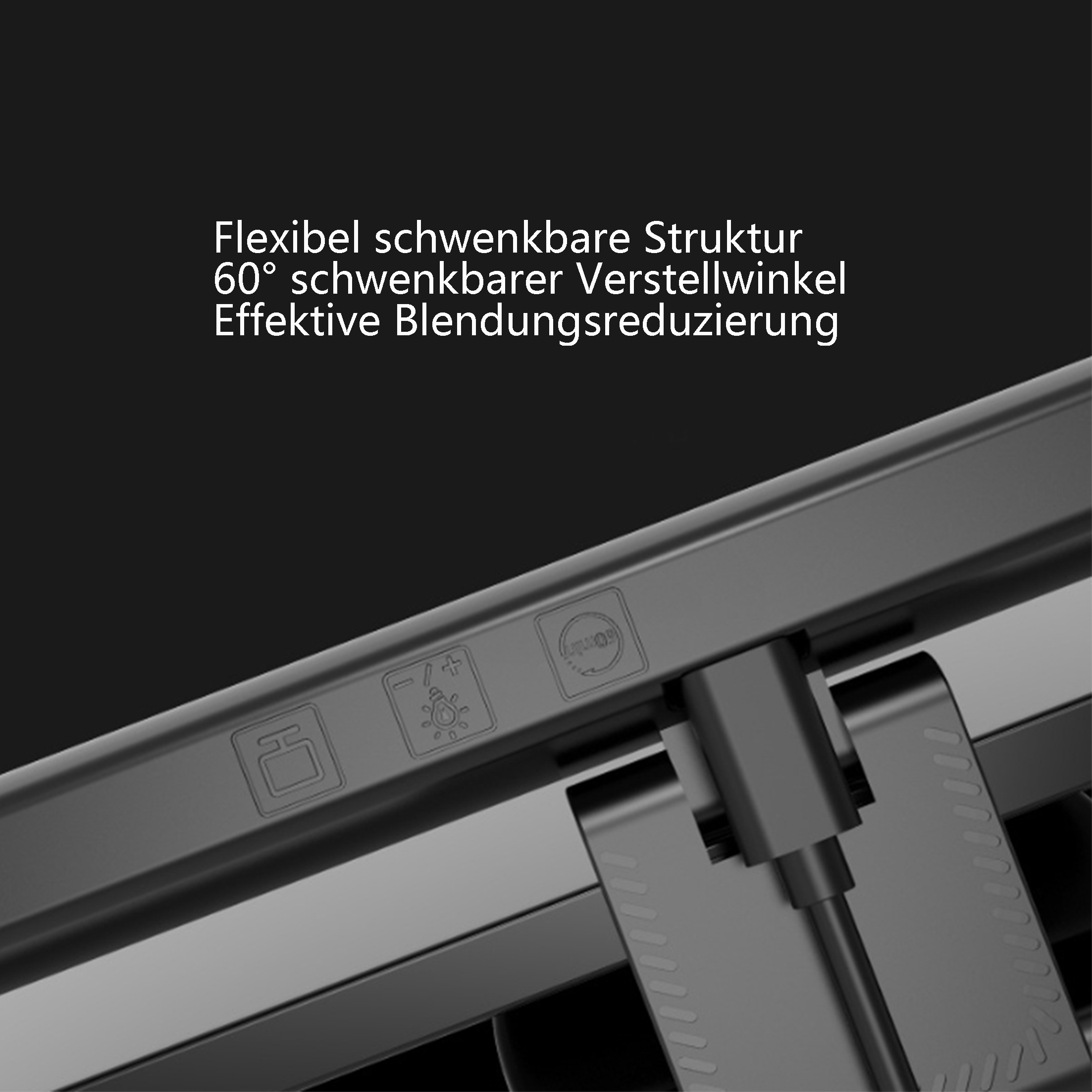 Nahaufnahme eines schwarzen Geräts mit Knöpfen und USB-C-Anschluss, mit deutschem Text darüber.