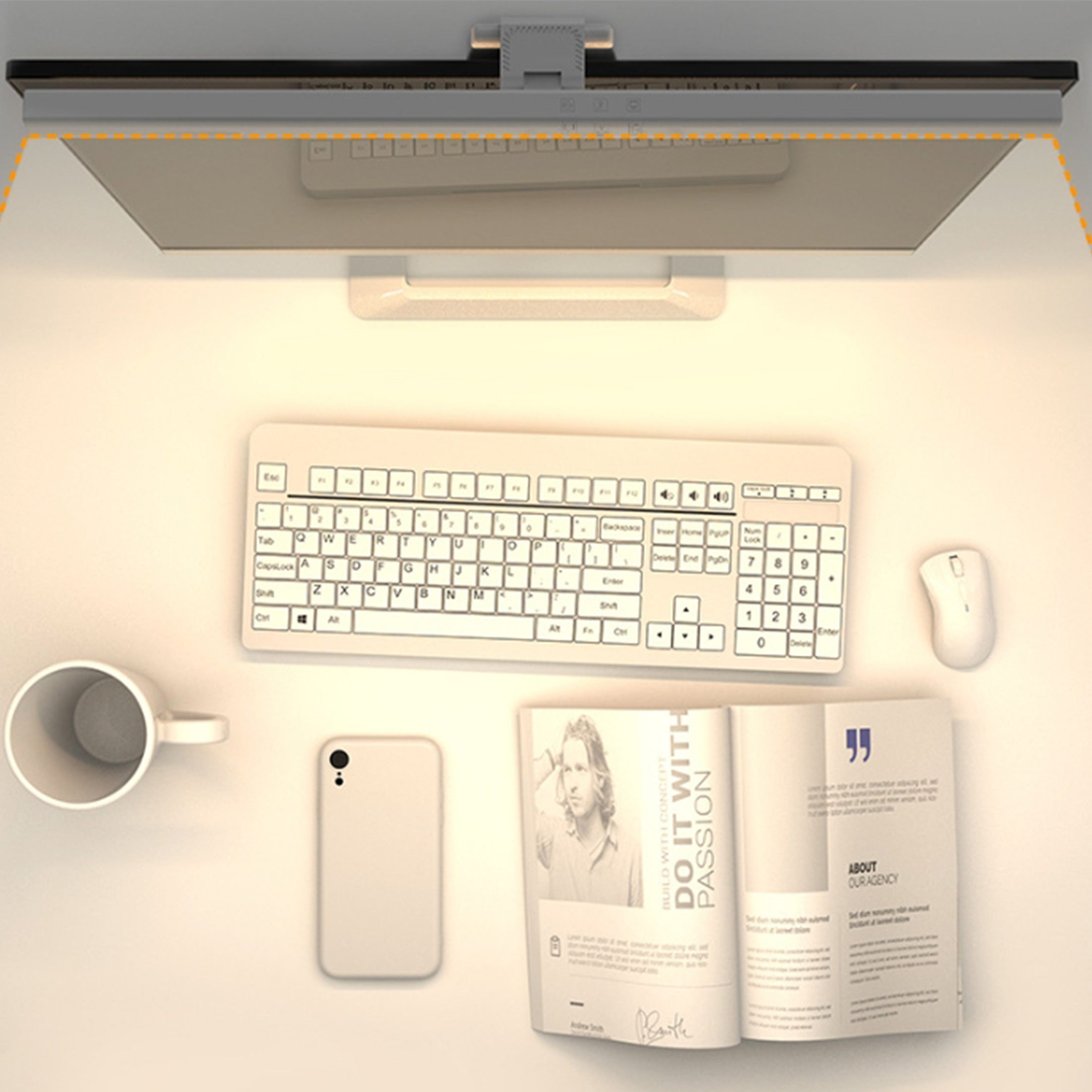 Schreibtisch mit Tastatur, Telefon, Lampe, Maus, Becher und Buch. Deckenbeleuchtung vorhanden.