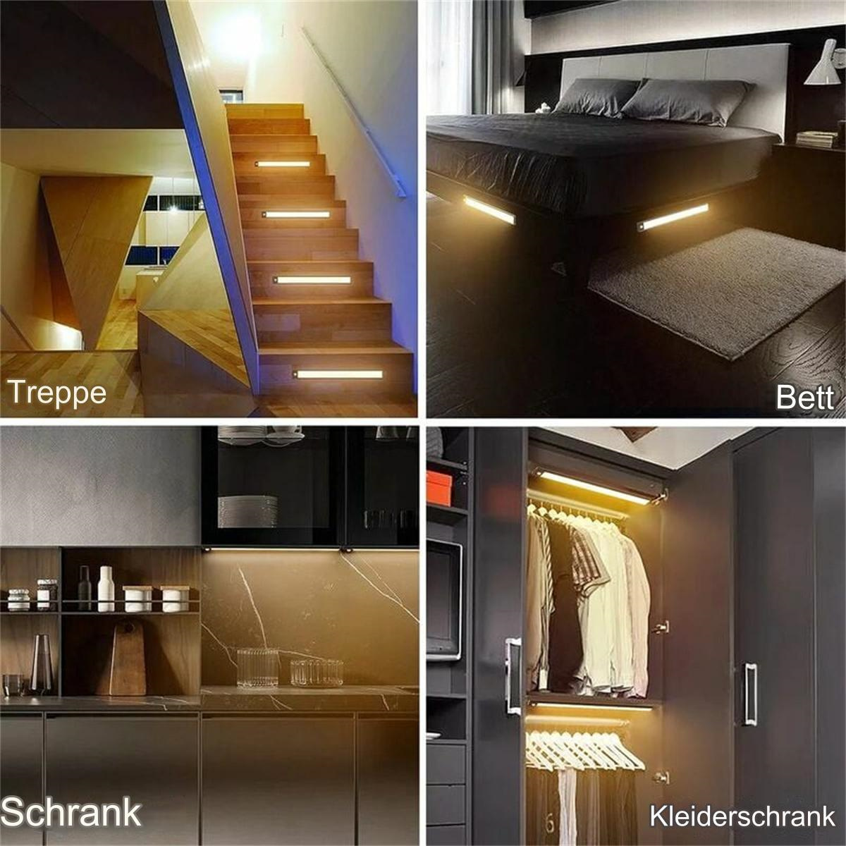 Vier Bilder mit verschiedenen Lichtaufbauten. Treppe, Schlafzimmer, Küche und Schrank mit LED-Leuchten.