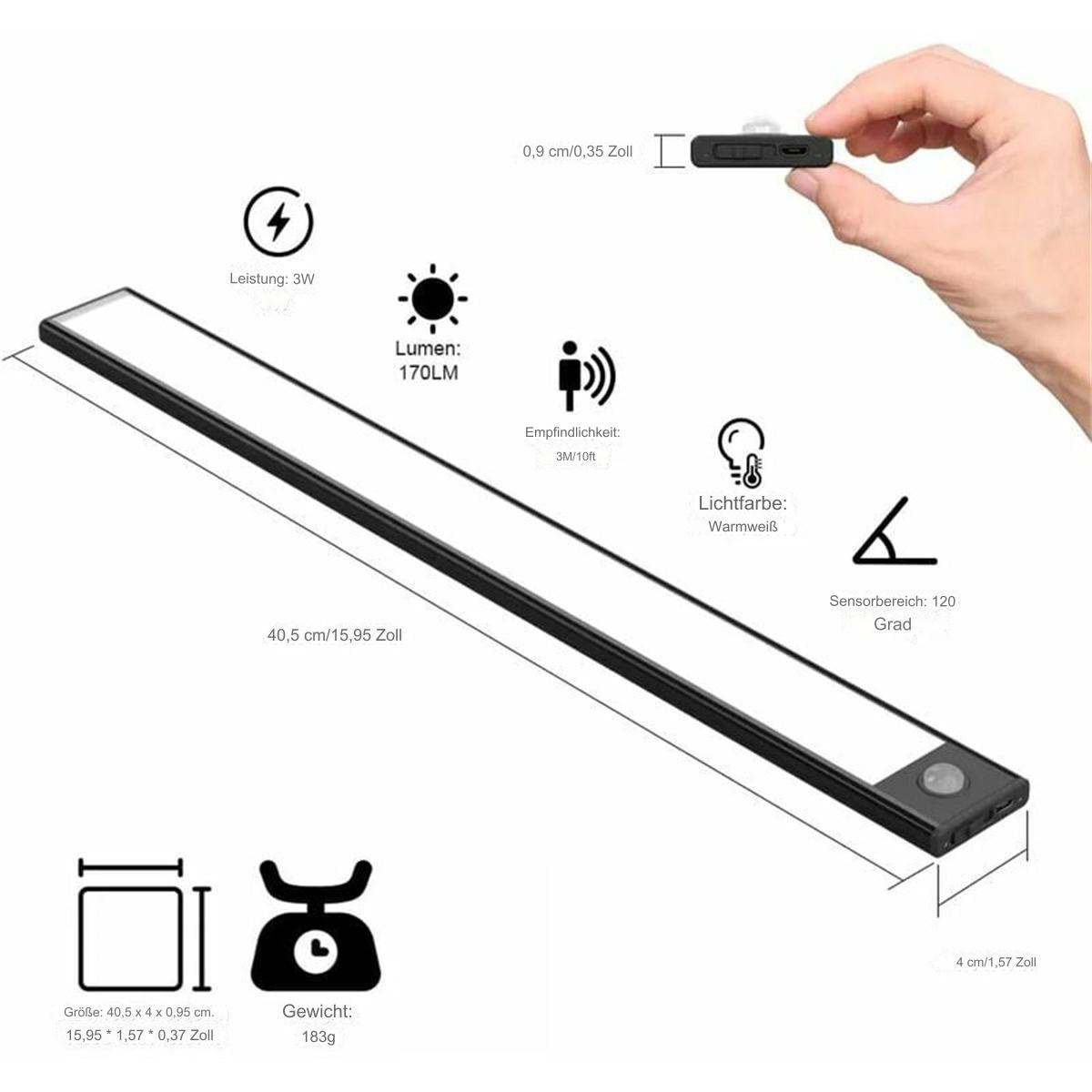 Ein schwarzes LED-Streifenlicht mit Diagrammen und Messungen sowie eine kleine, schwarze Fernbedienung.