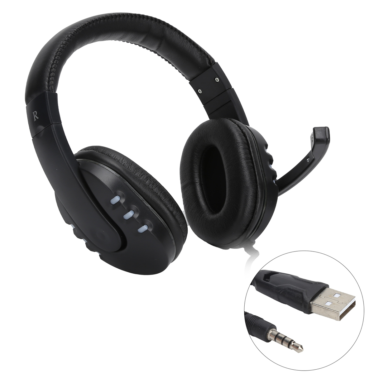 Schwarze Kopfhörer mit Mikrofon und USB-Kabel.