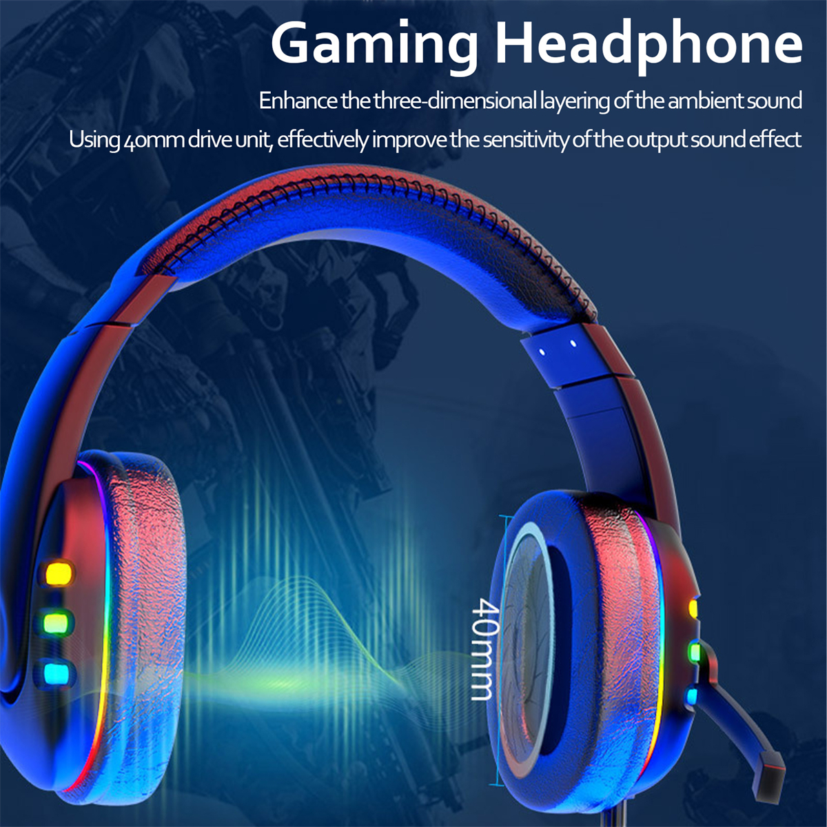 Ein blaues Gaming-Headset mit Mikrofon und bunten Lichtern.