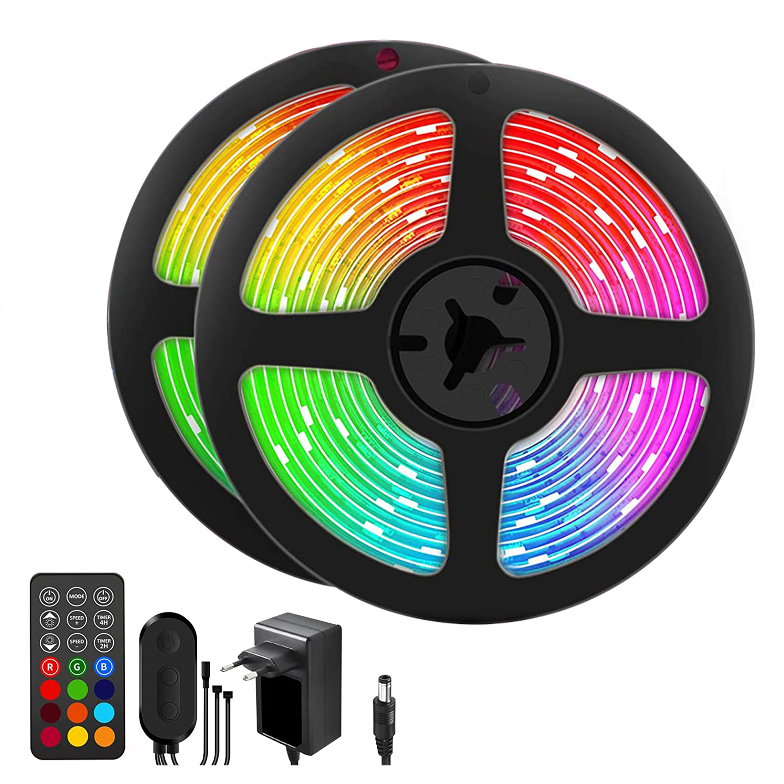LED-Streifenlichter auf einer schwarzen Rolle, mit Fernbedienung und Netzteil.