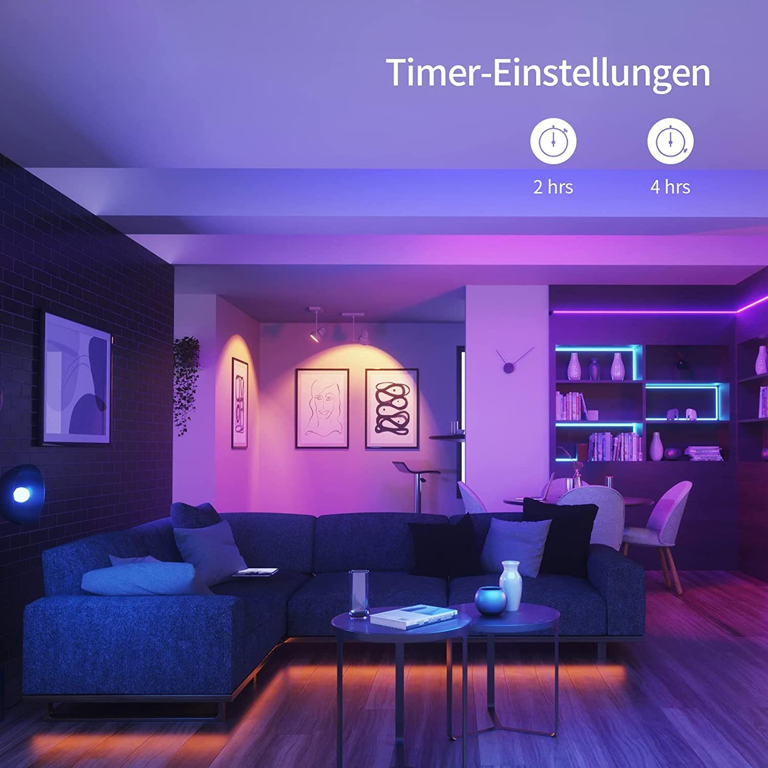 Ein Wohnzimmer mit blauem Sofa, Neonlichtern und Wandkunst. Timer-Einstellungen werden angezeigt.
