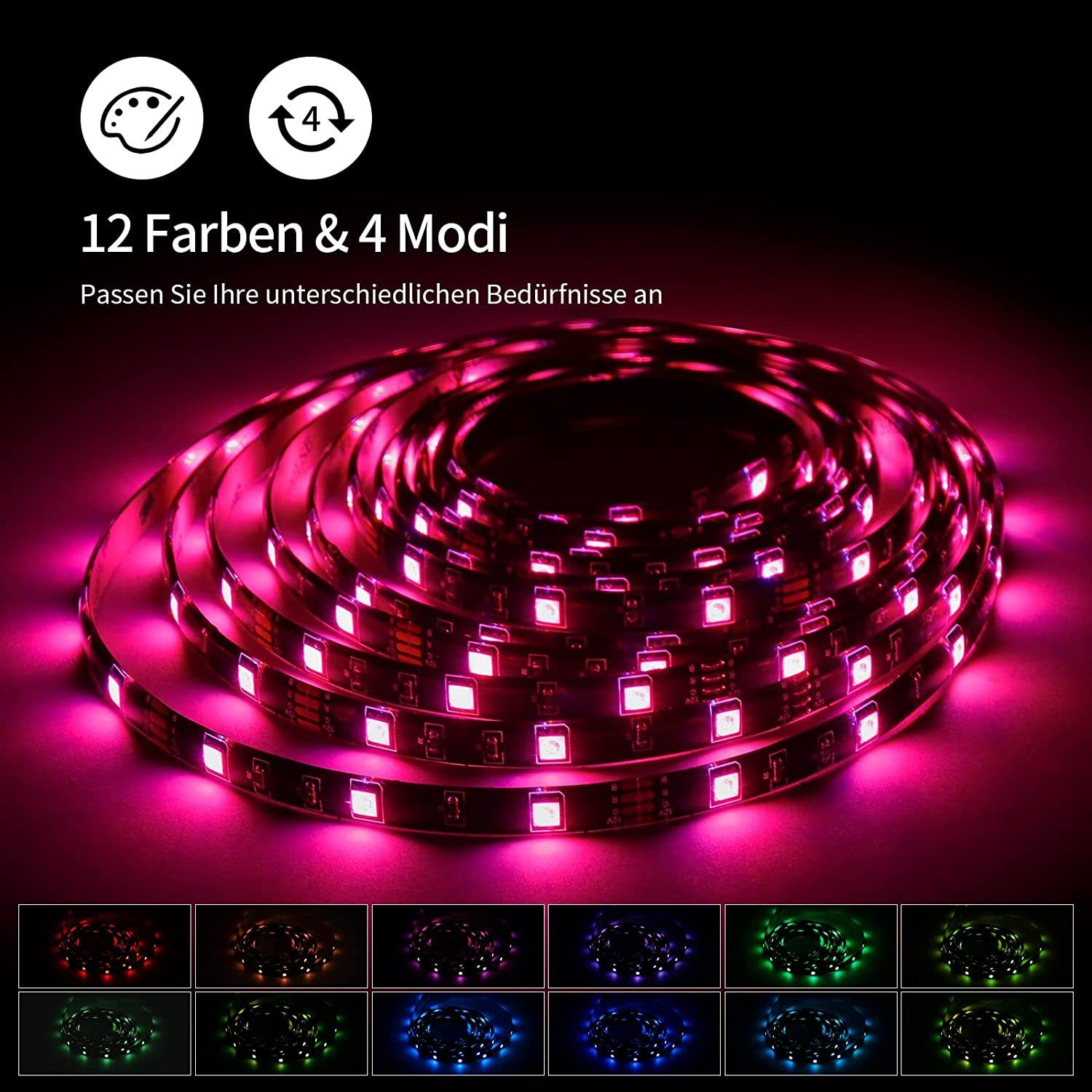 LED-Streifen mit 12 Farben und 4 Modi, dargestellt mit Farbmustern.