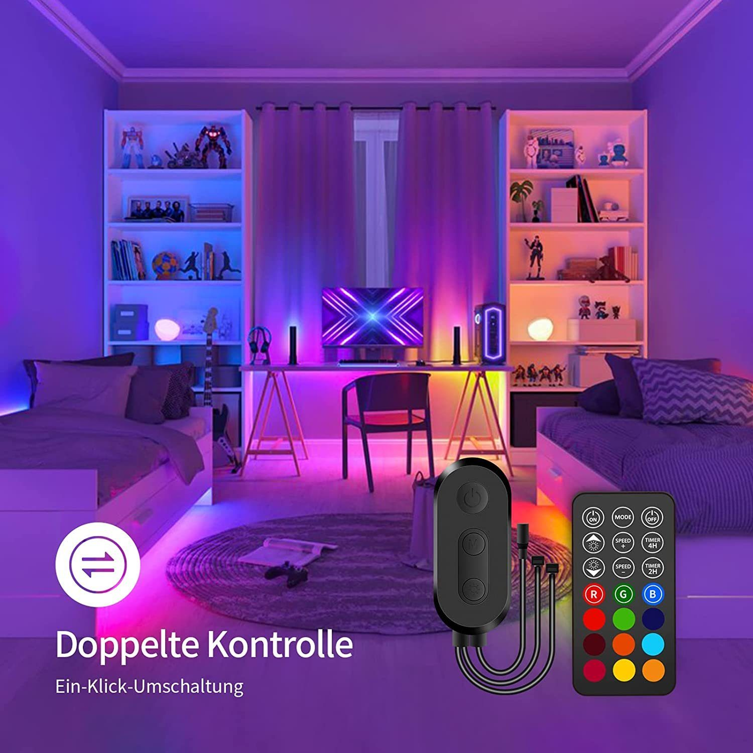 Ein Zimmer mit zwei Betten, einem Schreibtisch und einem Computer. LED-Lichter in verschiedenen Farben schaffen eine lebendige Atmosphäre.