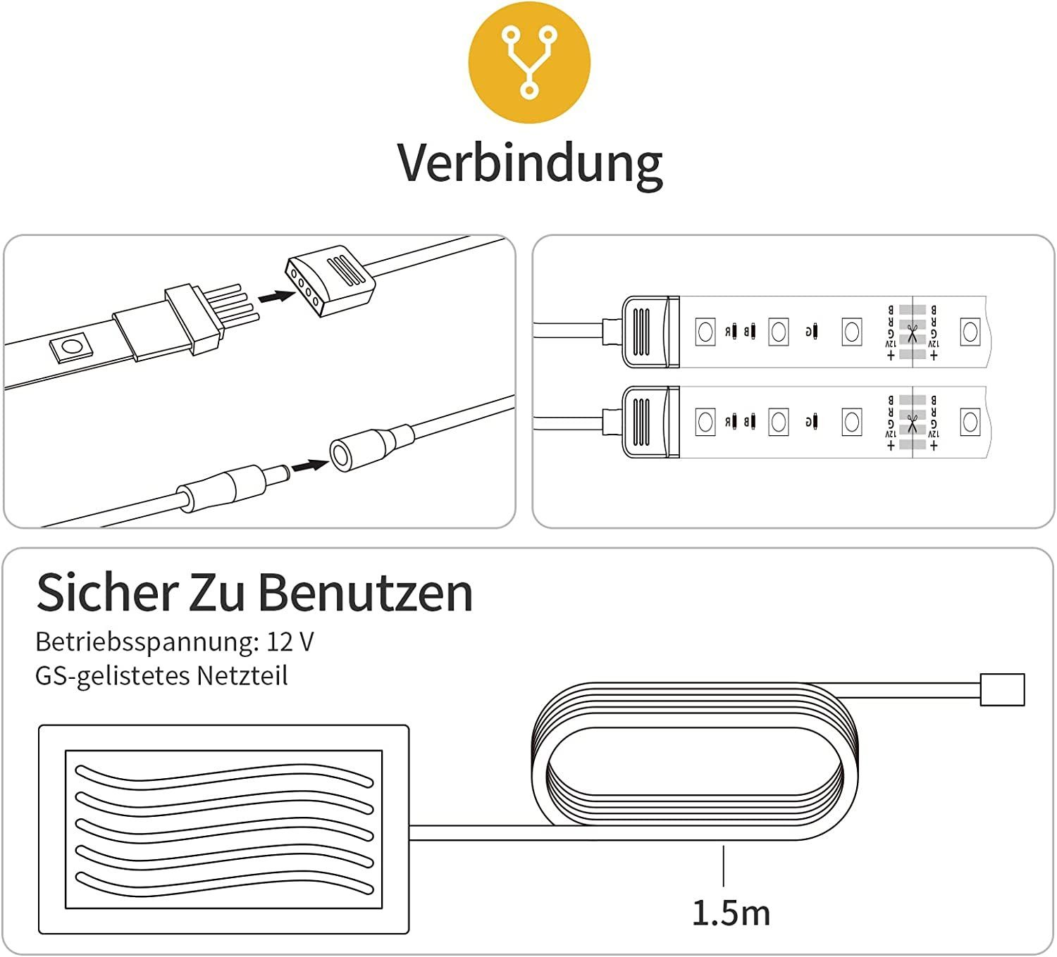 Diagramm mit einer Reihe von Steckern und einem Netzteil, Text auf Deutsch.