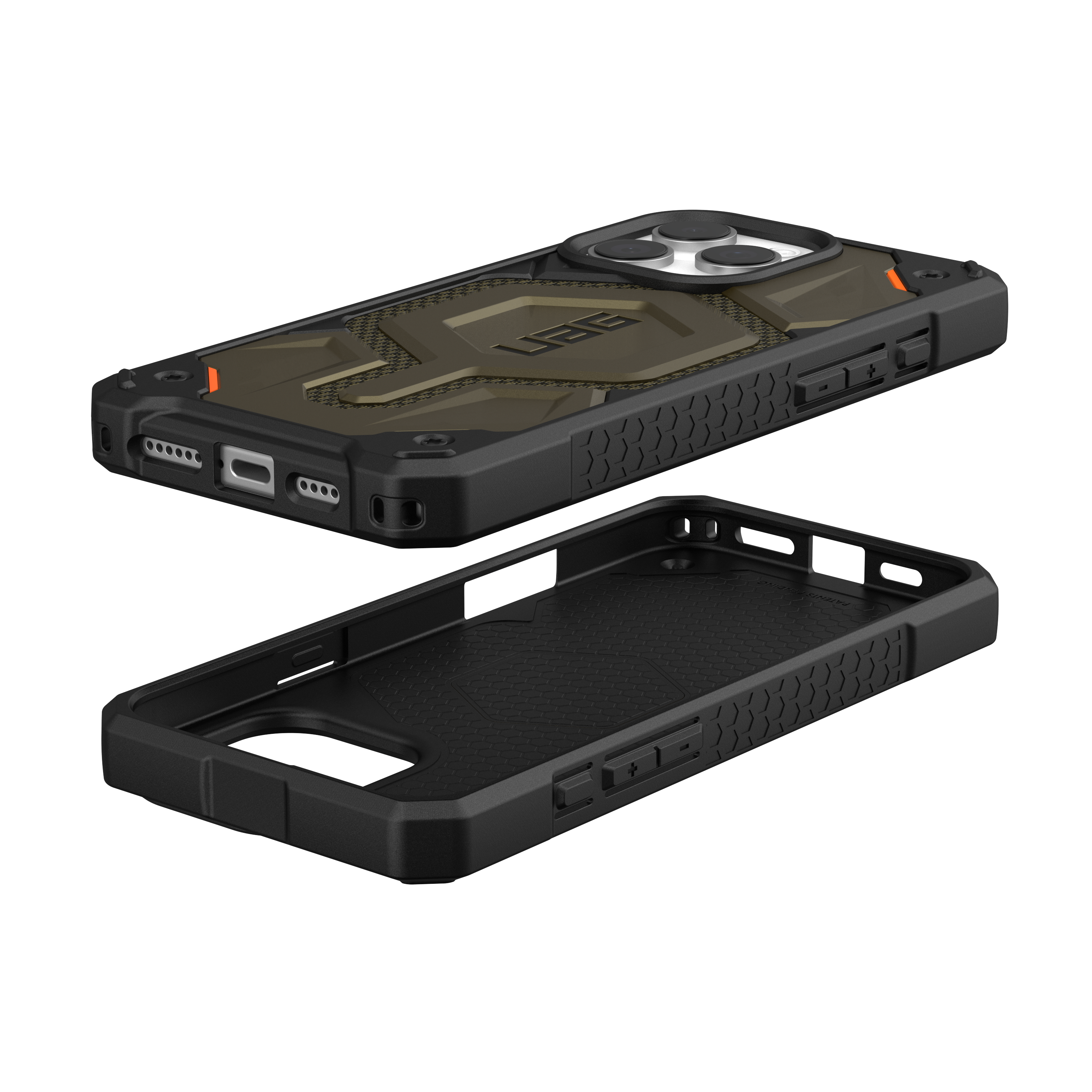 Schwarze Handyhülle mit schützendem Design, zeigt die Seiten- und Rückseite des Telefons.