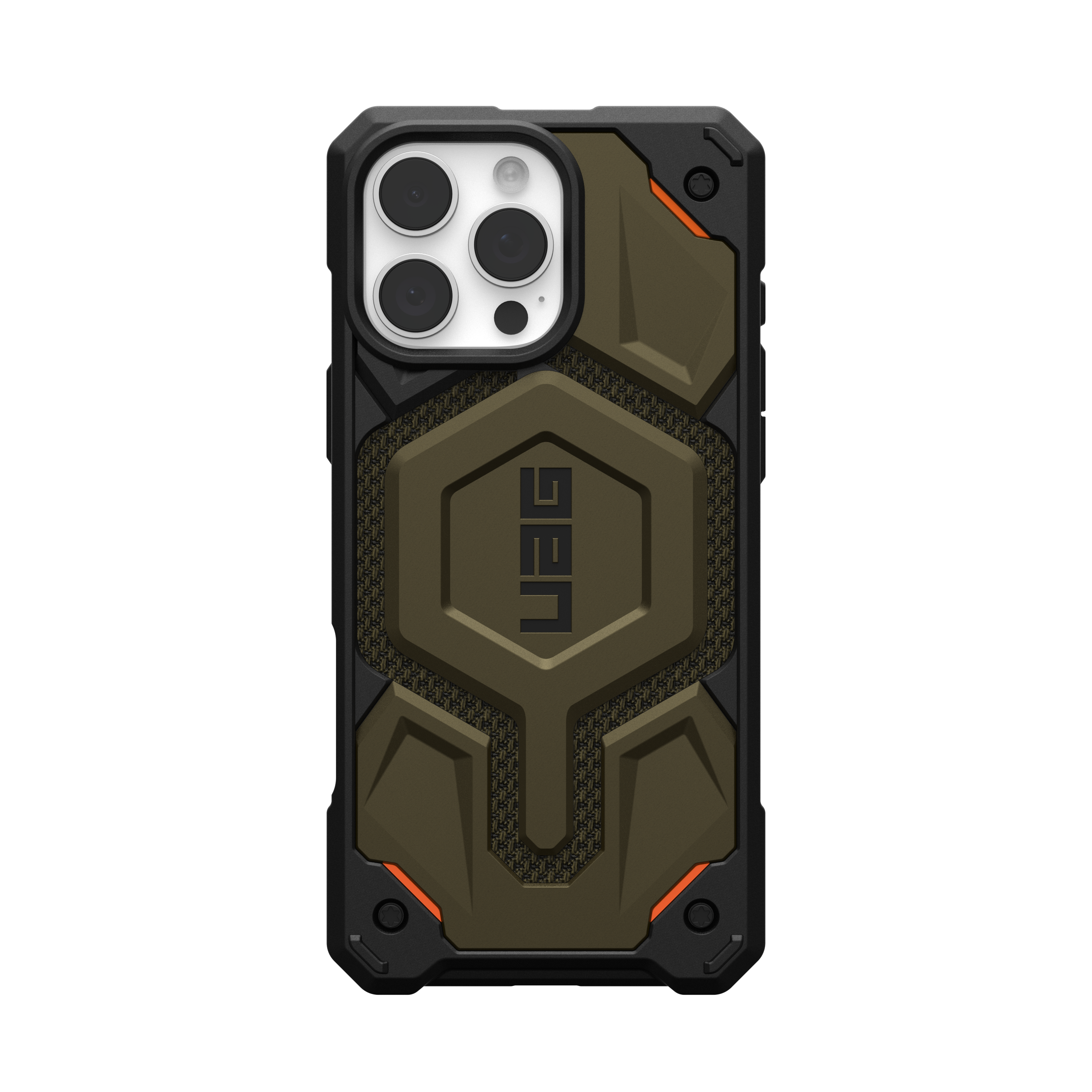 Eine Handyhülle mit einem schwarzen und olivgrünen Design. Das UAG-Logo ist in der Mitte.