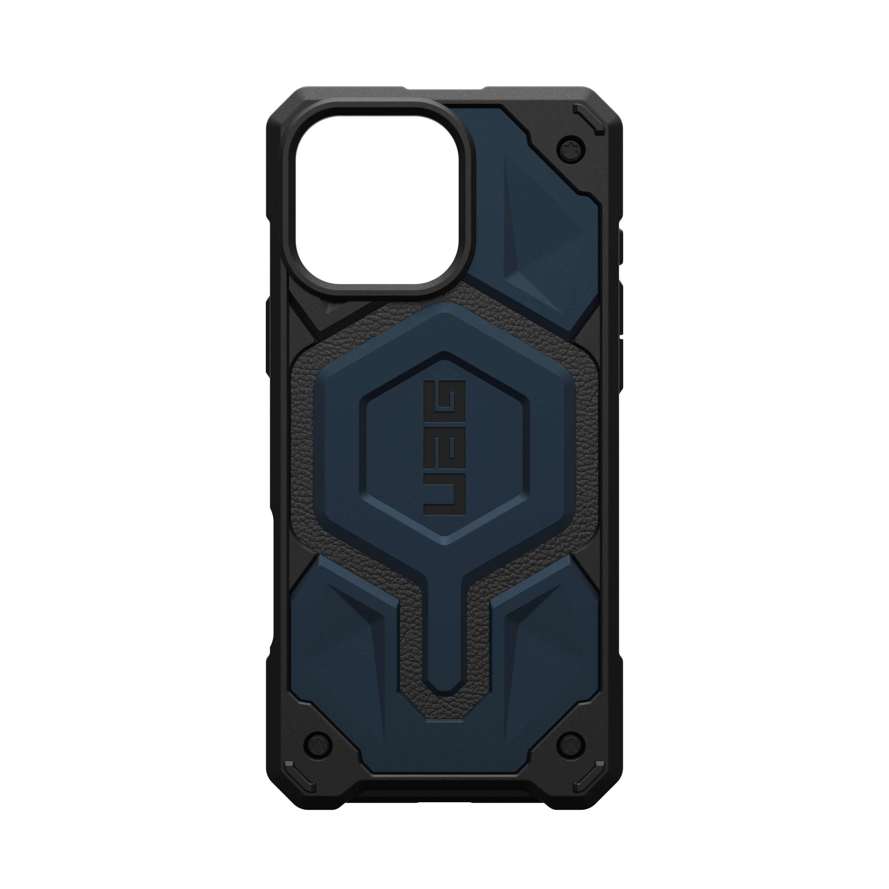 Nahaufnahme einer schwarz-blauen Handyhülle mit UAG-Logo, auf schwarzem Hintergrund.