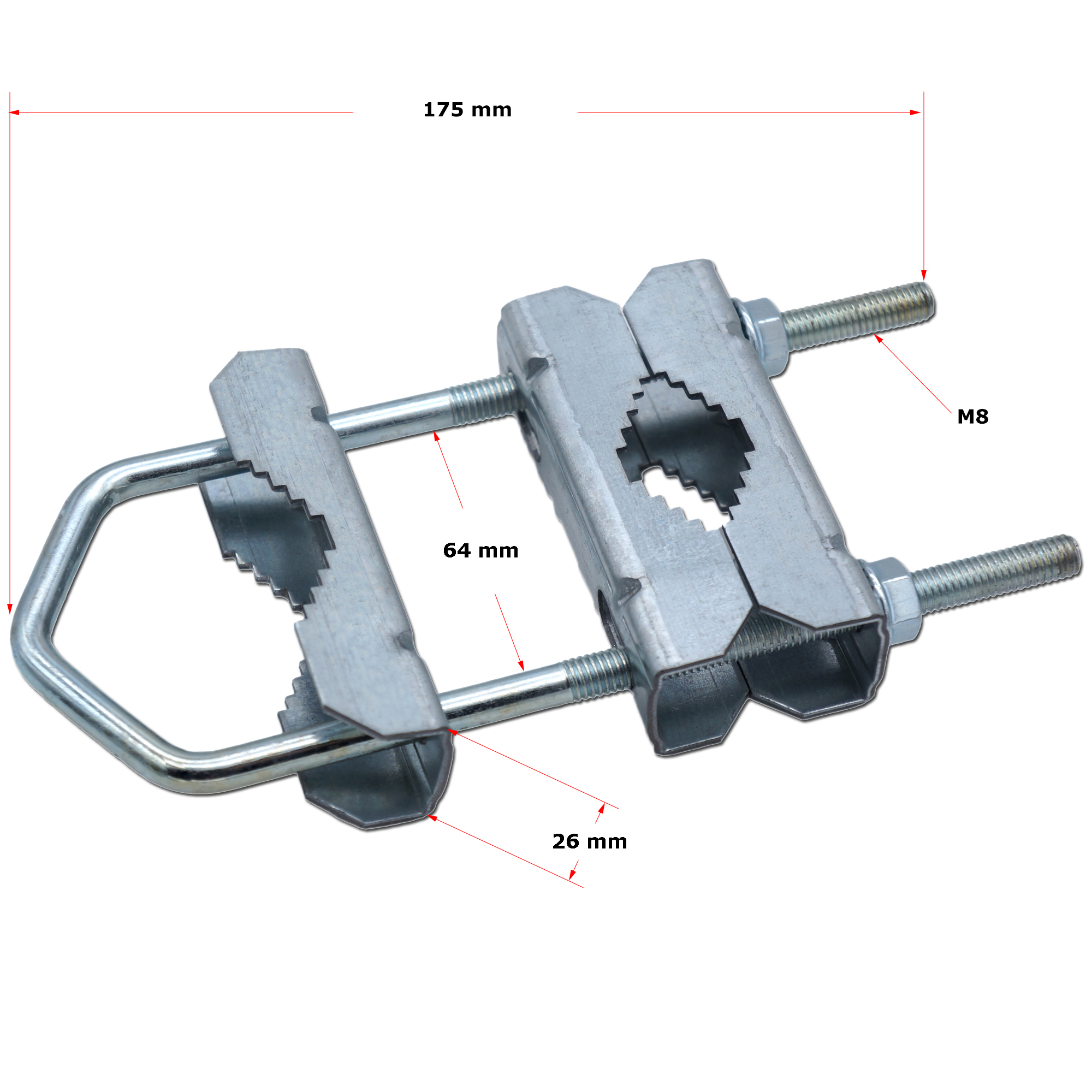 Eine Metallhalterung mit mm-Maßen. Sie hat einen U-Bügel, eine Klemme und zwei Schrauben mit M8-Markierungen.