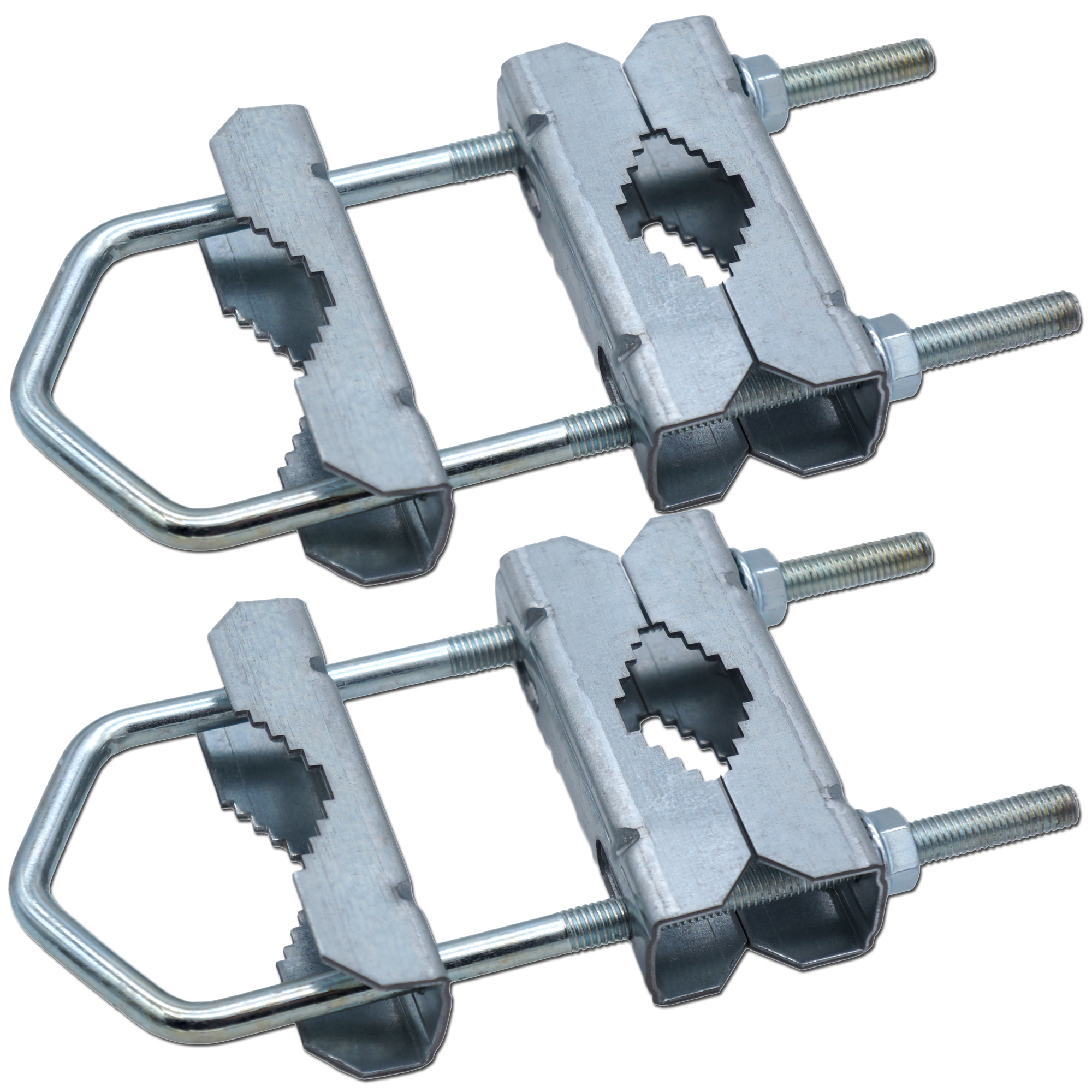 Zwei silberne U-Bügelklemmen aus Metall mit Muttern und Bolzen, bereit zur Sicherung.