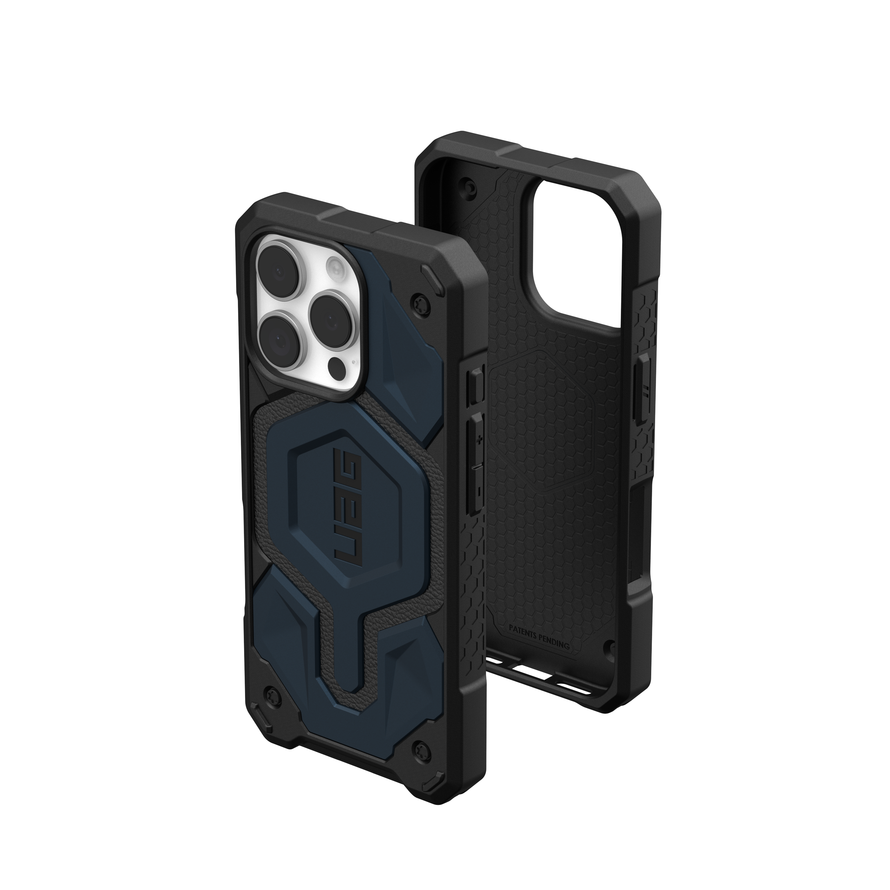 Telefonhülle, schwarz mit blauen Akzenten. UAG-Logo. Schwarzer Hintergrund. Geöffnete Hülle daneben.