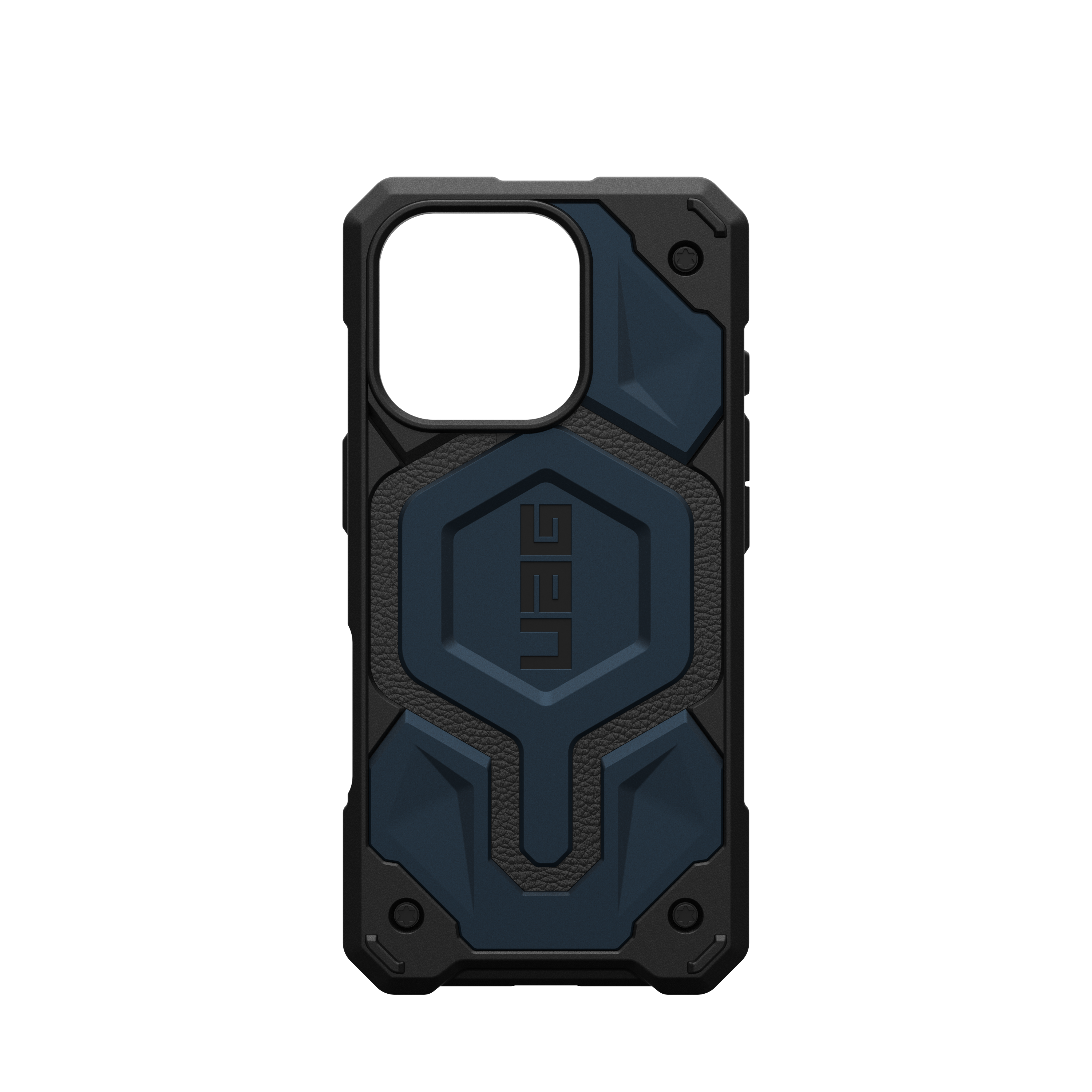 Blaue Handyhülle mit UAG-Logo, bedeckt das Telefon mit quadratischem Kameraausschnitt.
