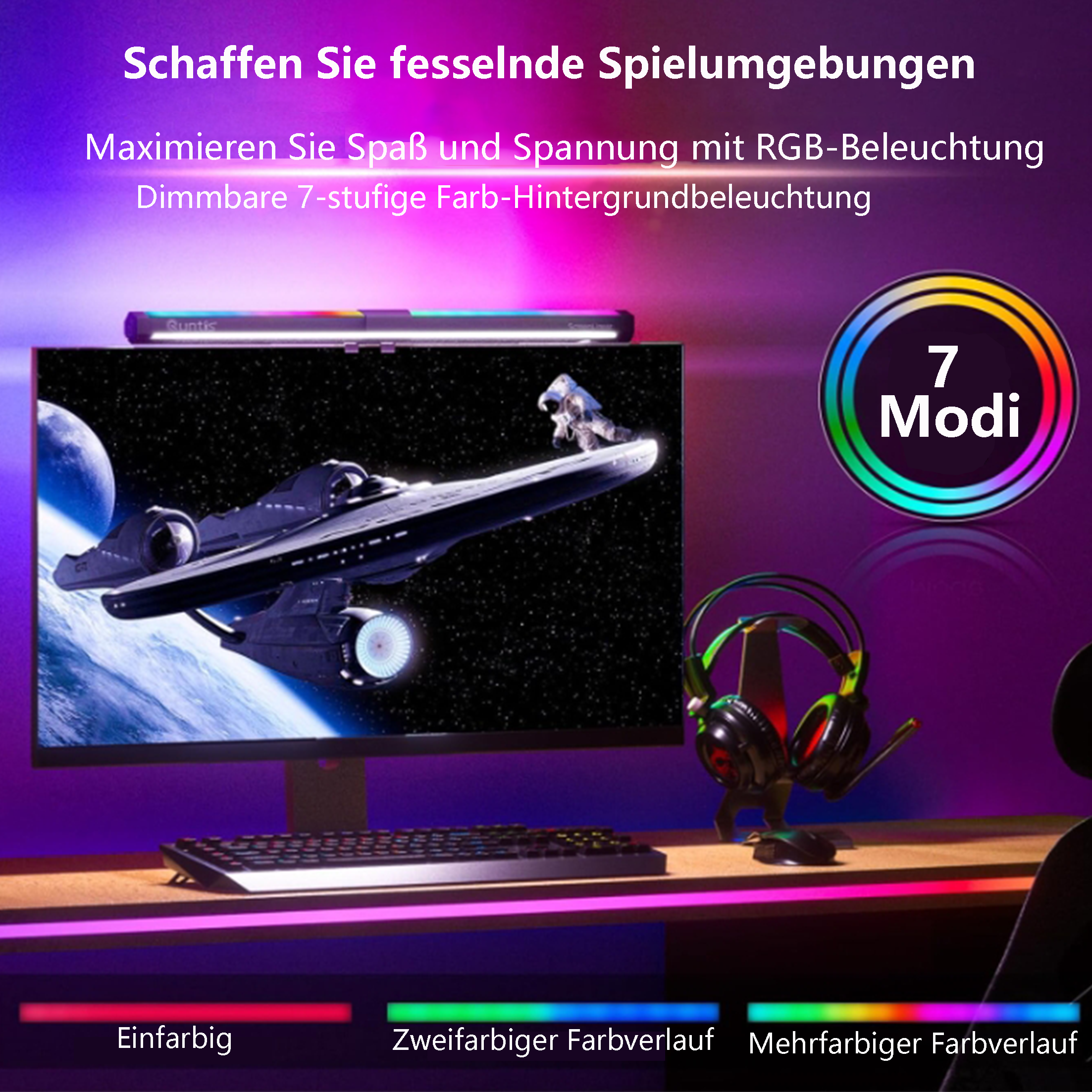 Ein Gaming-Setup mit Monitor, Kopfhörern, Tastatur und farbenfrohem LED-Licht.