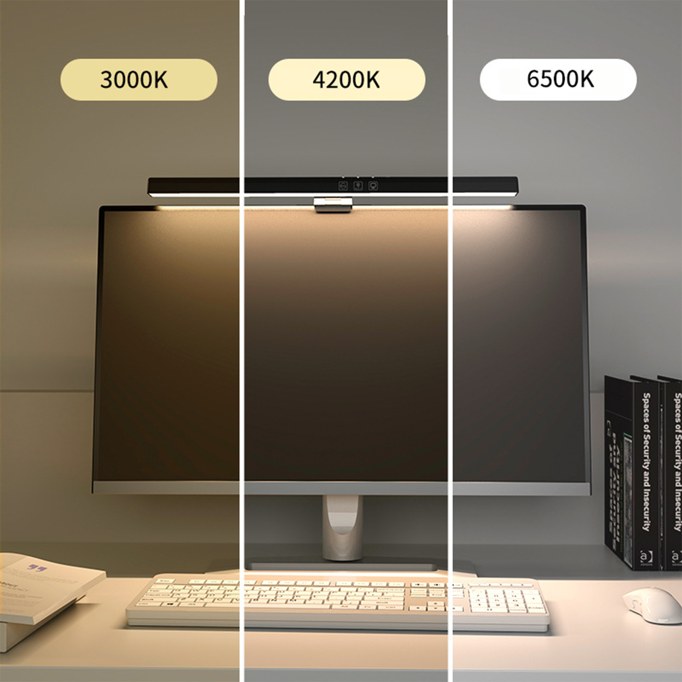 Monitor mit Schreibtischlampe, der drei verschiedene Farbtemperaturen zeigt: 3000K, 4200K und 6500K.